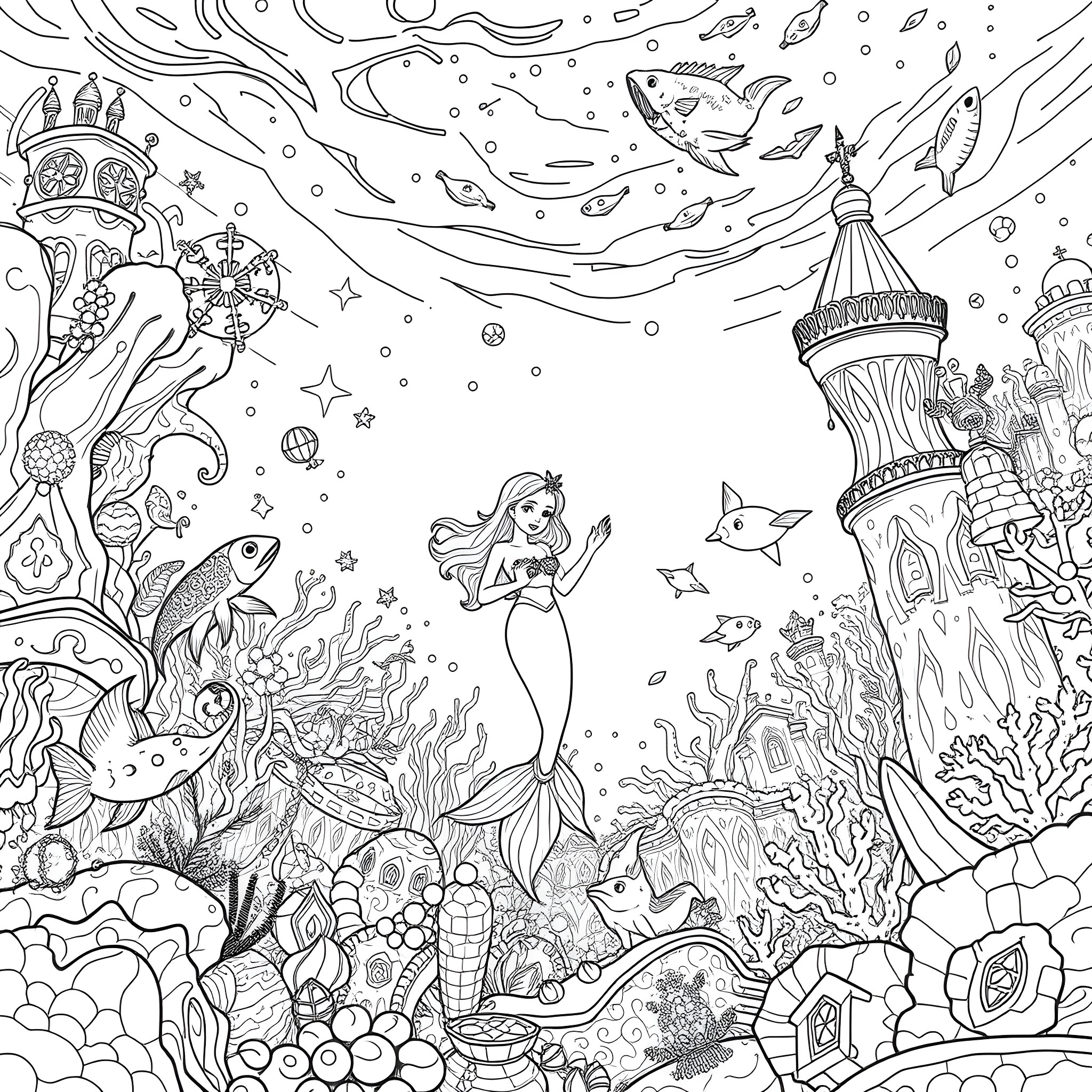 Mermaid's enchanting underwater world with castles and sea life Coloring Page (free black-and-white line drawing printable PDF for all, from beginners to advanced learners, including children, teens, adults, and seniors)