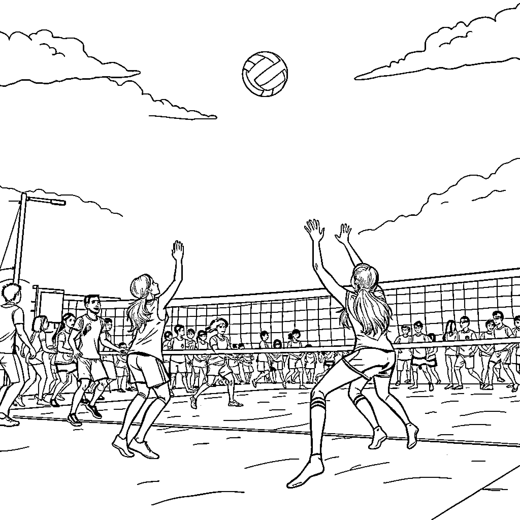 K Pop Volleyball Game with Dynamic Movements Coloring Page (free black-and-white line drawing printable PDF for all, from beginners to advanced learners, including children, teens, adults, and seniors)