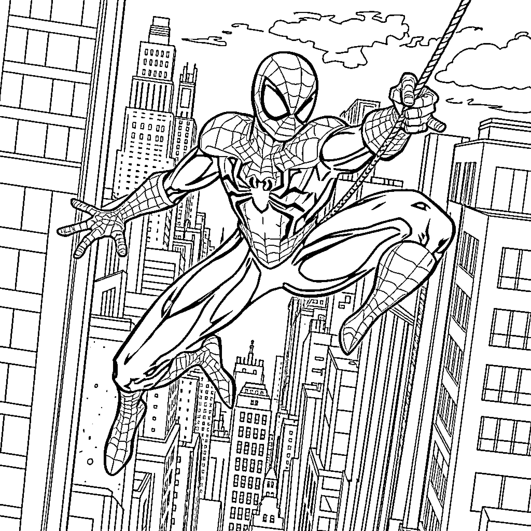 Transgender Spiderman swinging through city skyline Coloring Page (free black-and-white line drawing printable PDF for all, from beginners to advanced learners, including children, teens, adults, and seniors)