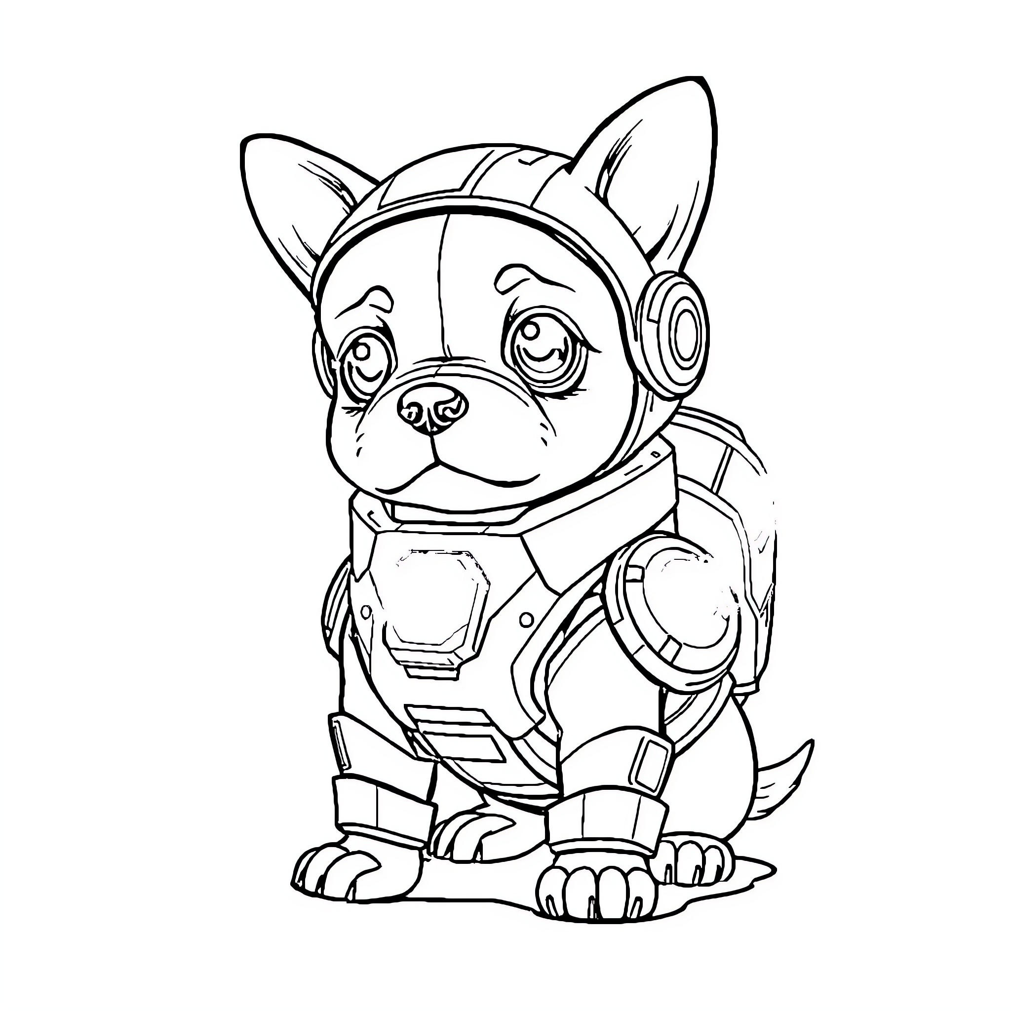 Dog wearing futuristic headphones and backpack Coloring Page (free black-and-white line drawing printable PDF for all, from beginners to advanced learners, including children, teens, adults, and seniors)