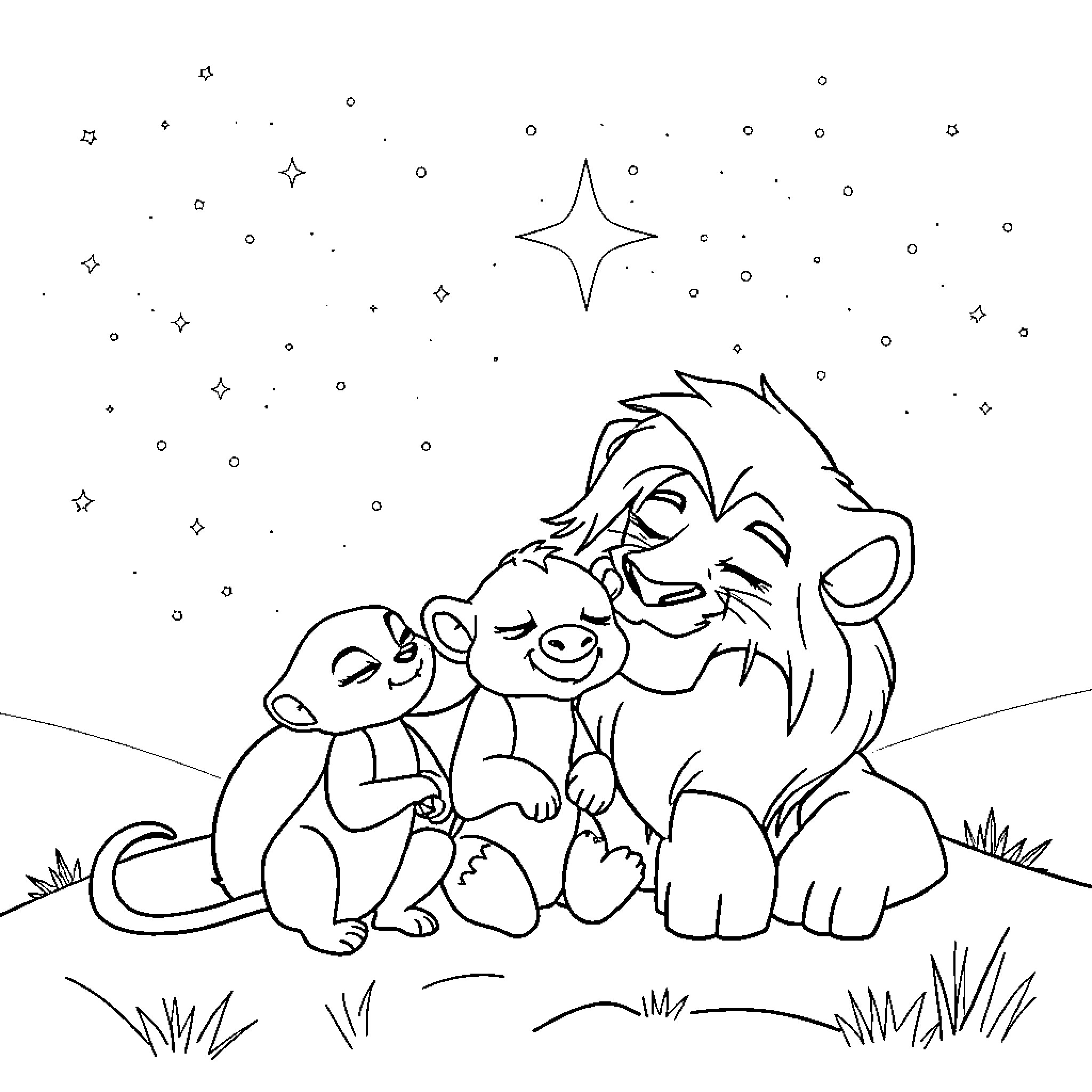 Simba and friends in a starry night Coloring Page (free black-and-white line drawing printable PDF for all, from beginners to advanced learners, including children, teens, adults, and seniors)