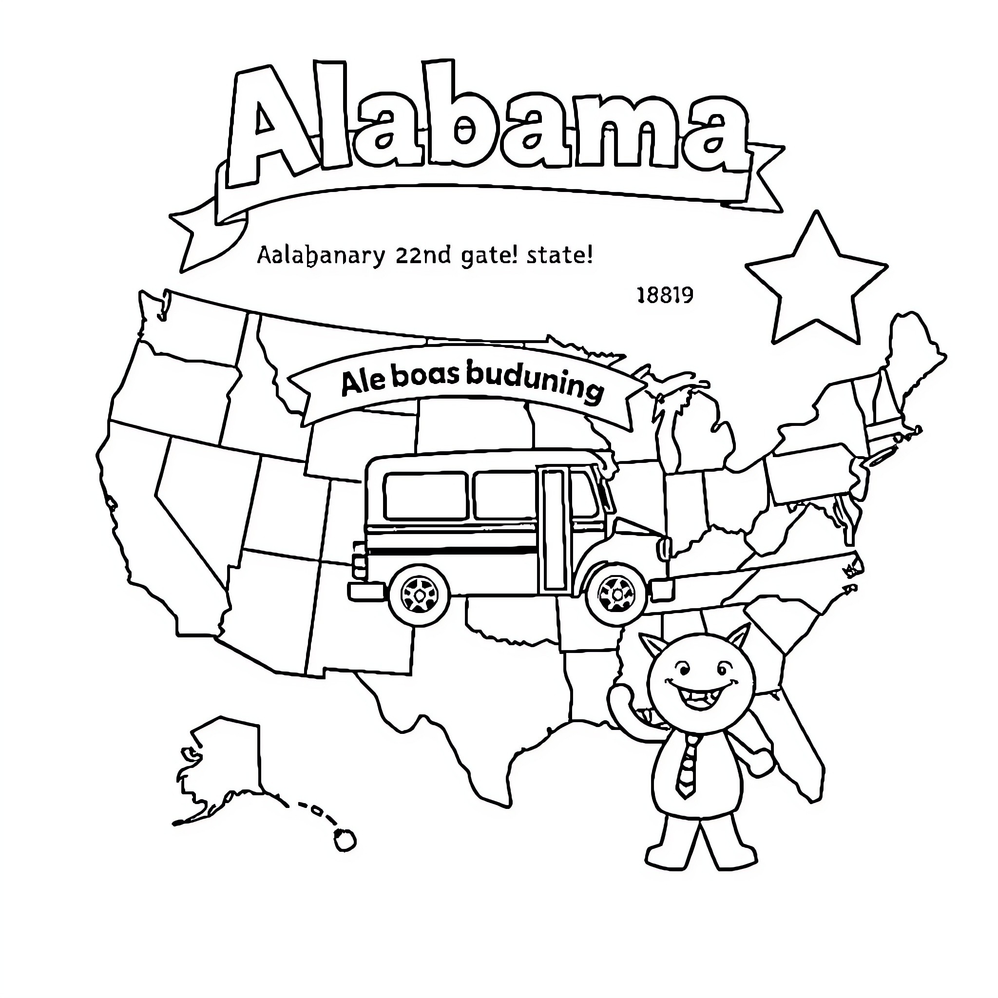 Alabama's 22nd state celebration with bus and mascot Coloring Page (free black-and-white line drawing printable PDF for all, from beginners to advanced learners, including children, teens, adults, and seniors)