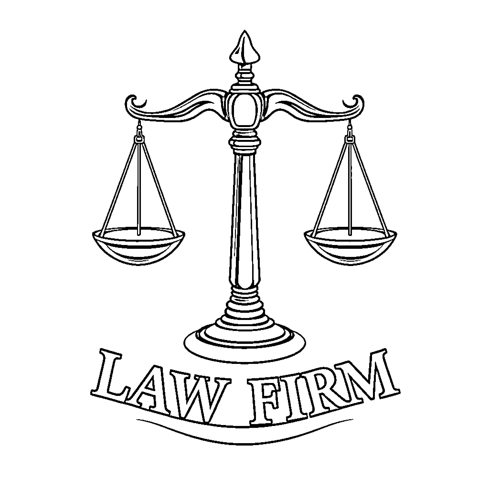Law Firm with Legal Scales and Banner Coloring Page (free black-and-white line drawing printable PDF for all, from beginners to advanced learners, including children, teens, adults, and seniors)