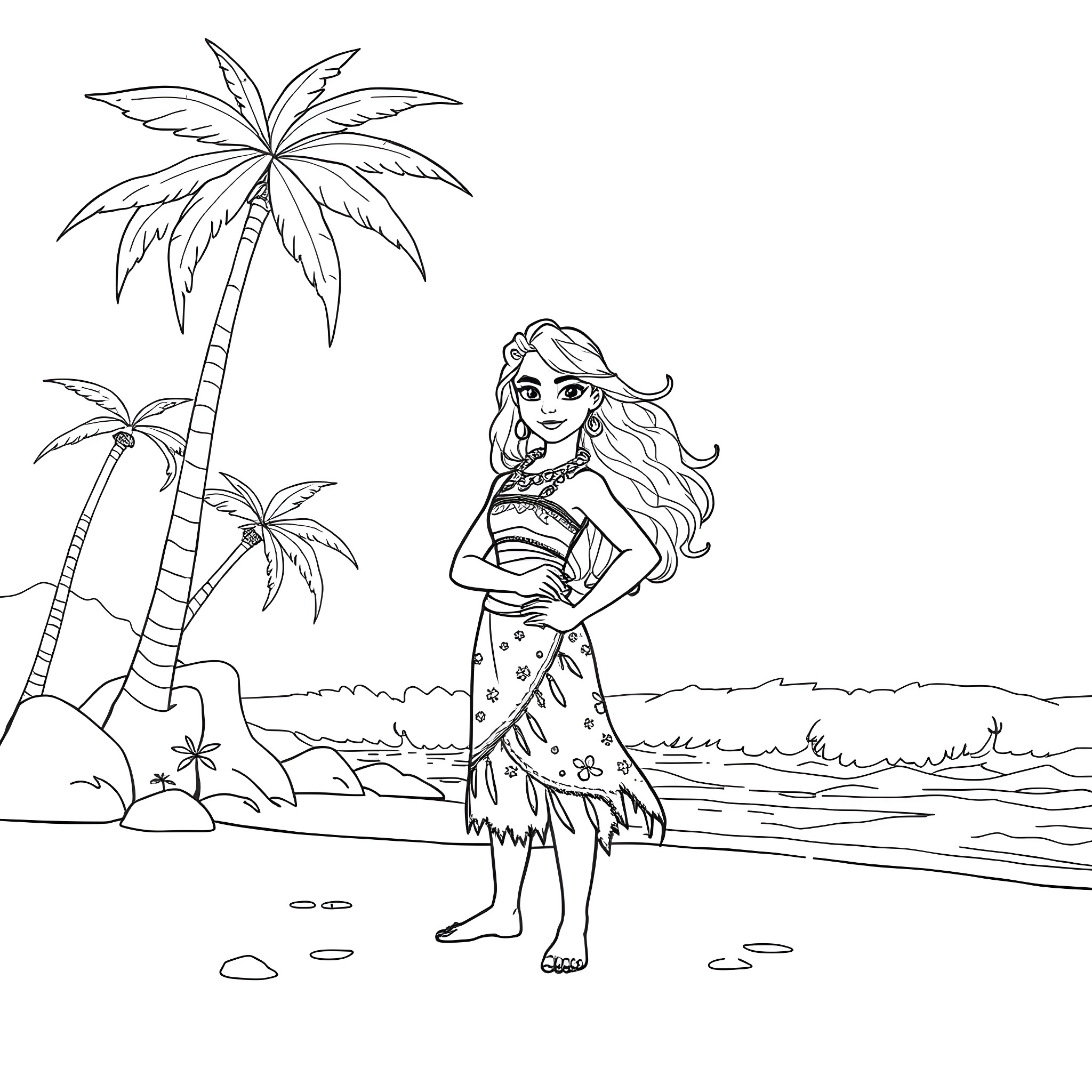 Moana exploring the tropical paradise Coloring Page (free black-and-white line drawing printable PDF for all, from beginners to advanced learners, including children, teens, adults, and seniors)