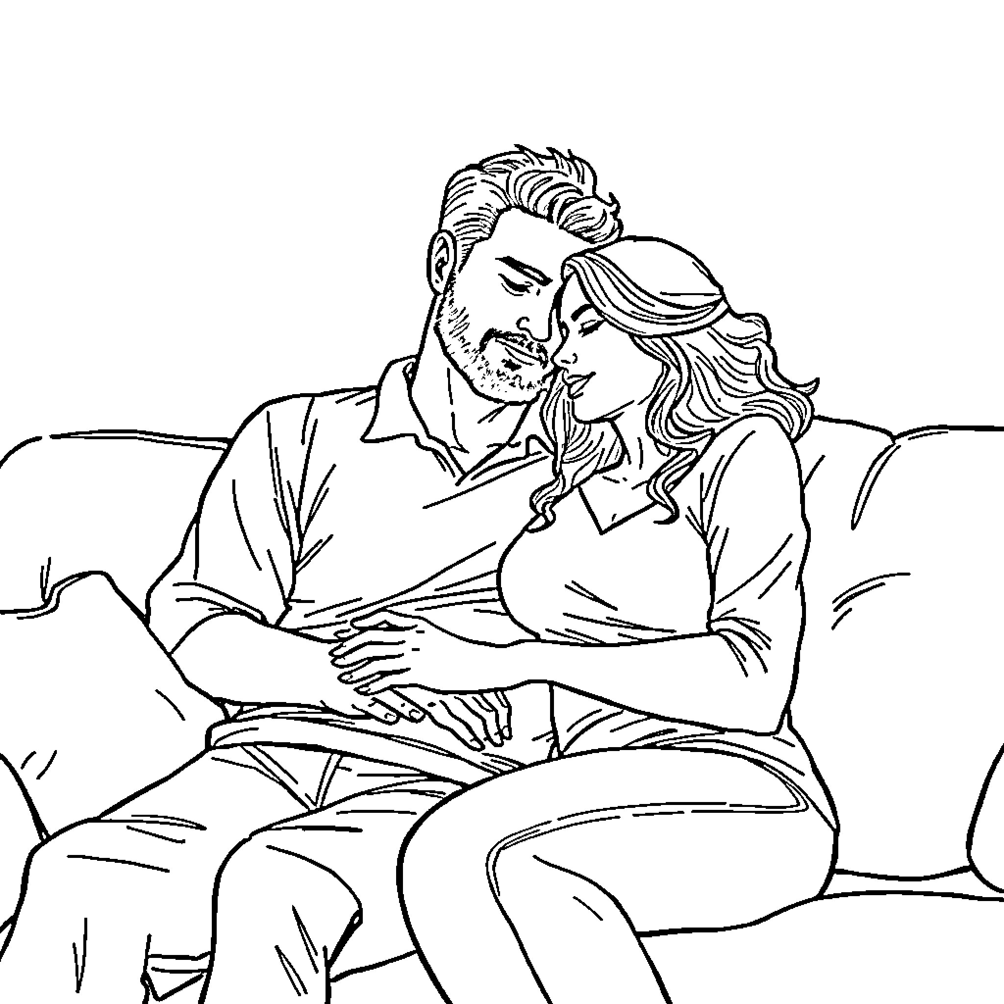 Couple sharing a tender moment on the couch Coloring Page (free black-and-white line drawing printable PDF for all, from beginners to advanced learners, including children, teens, adults, and seniors)
