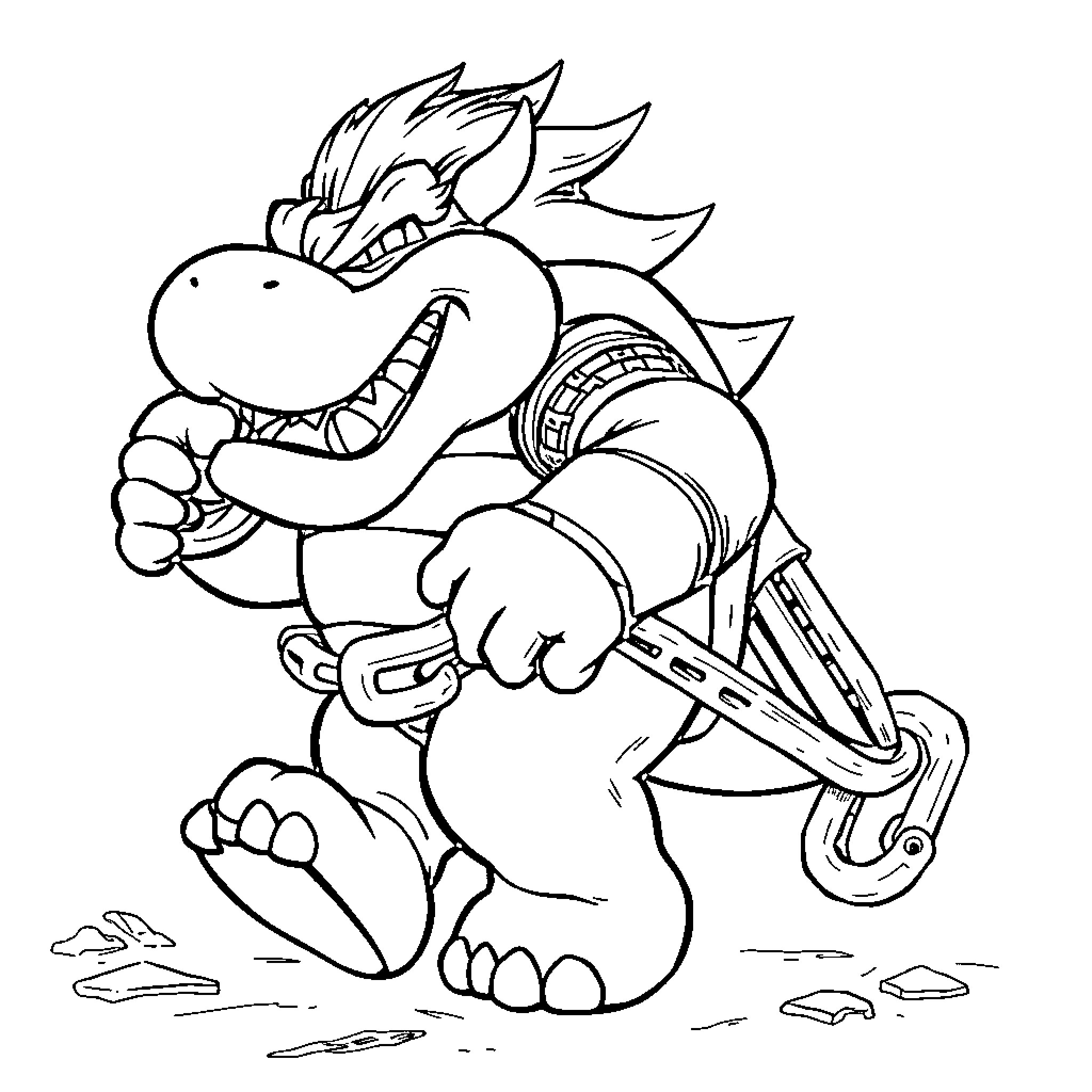 Bowser Charging Forward with Determination Coloring Page (free black-and-white line drawing printable PDF for all, from beginners to advanced learners, including children, teens, adults, and seniors)
