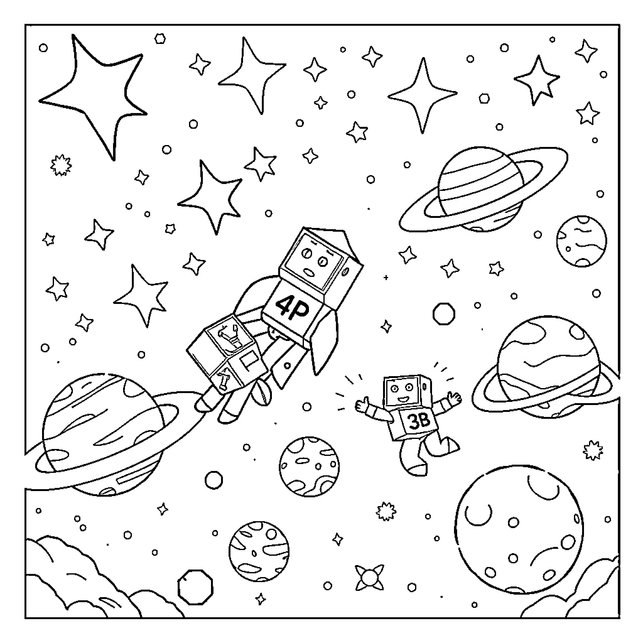 Numberblocks Exploring the Cosmic Playground Coloring Page (free black-and-white line drawing printable PDF for all, from beginners to advanced learners, including children, teens, adults, and seniors)