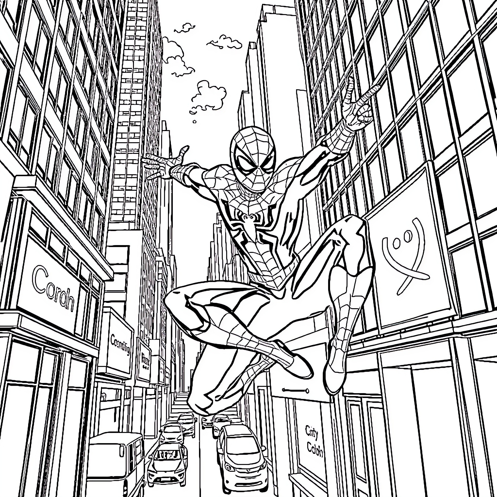 Spider-Man swinging through the city skyline Coloring Page (free black-and-white line drawing printable PDF for all, from beginners to advanced learners, including children, teens, adults, and seniors)