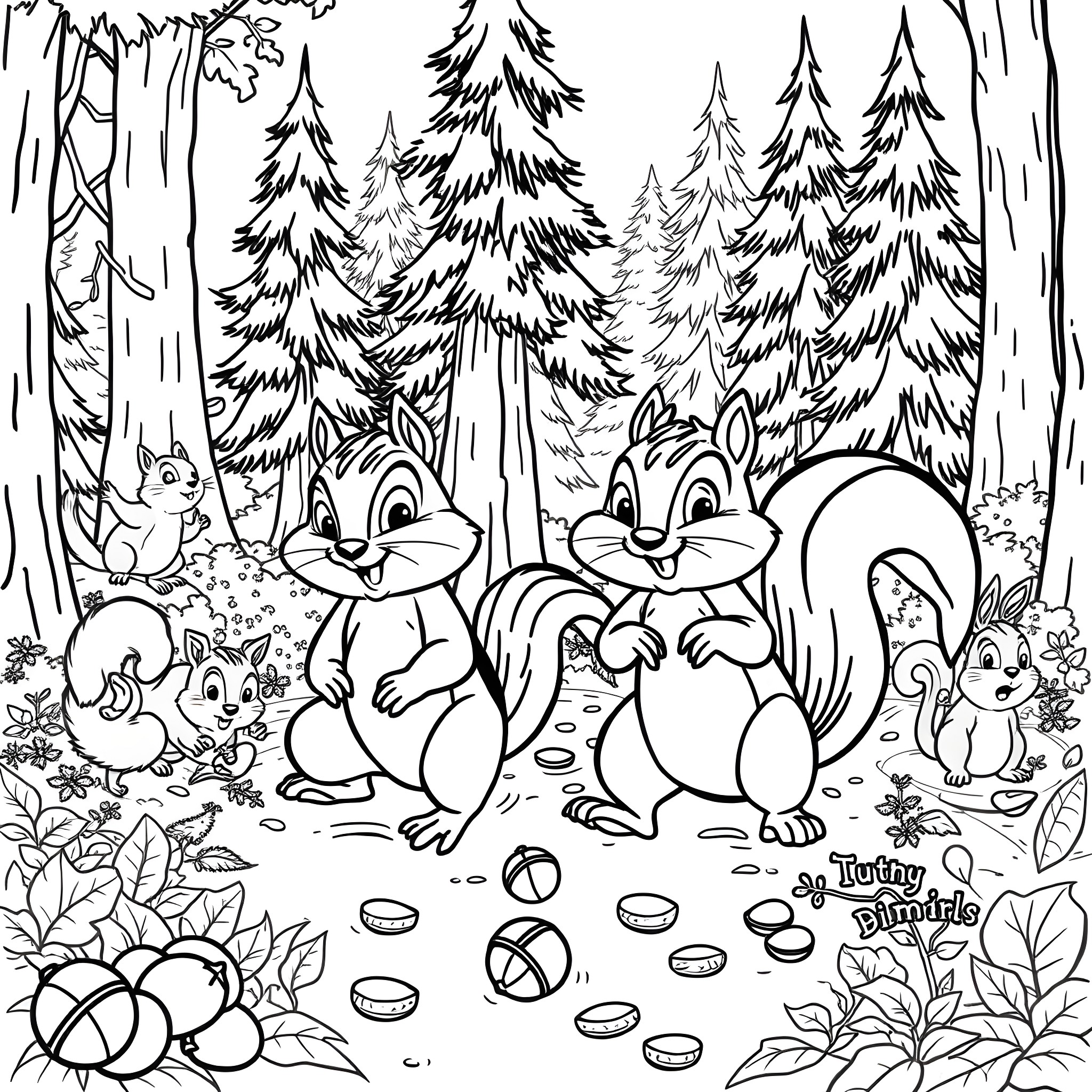 Chip's forest adventure with squirrels and friends Coloring Page (free black-and-white line drawing printable PDF for all, from beginners to advanced learners, including children, teens, adults, and seniors)