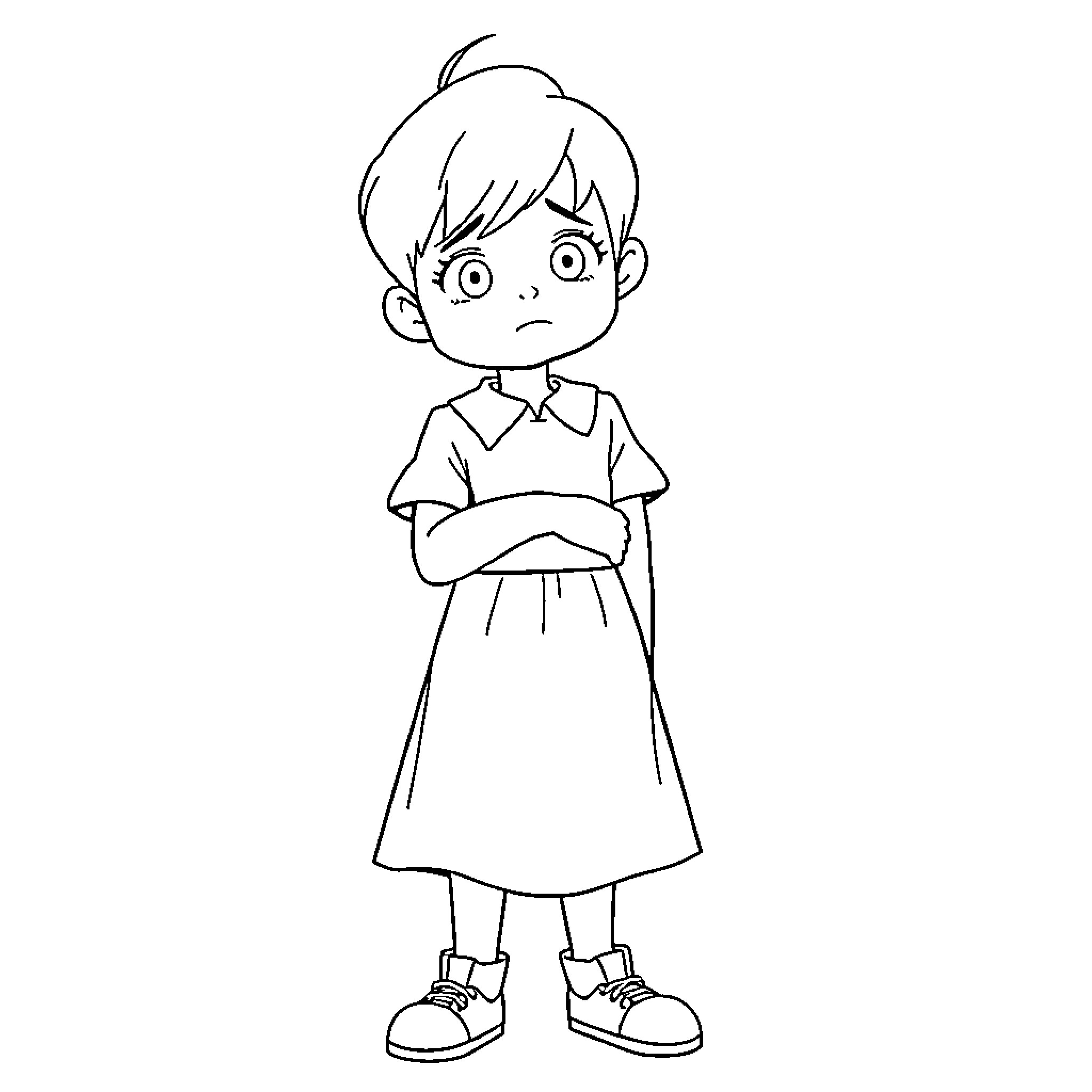 Eleven's Somber Demeanor Coloring Page (free black-and-white line drawing printable PDF for all, from beginners to advanced learners, including children, teens, adults, and seniors)