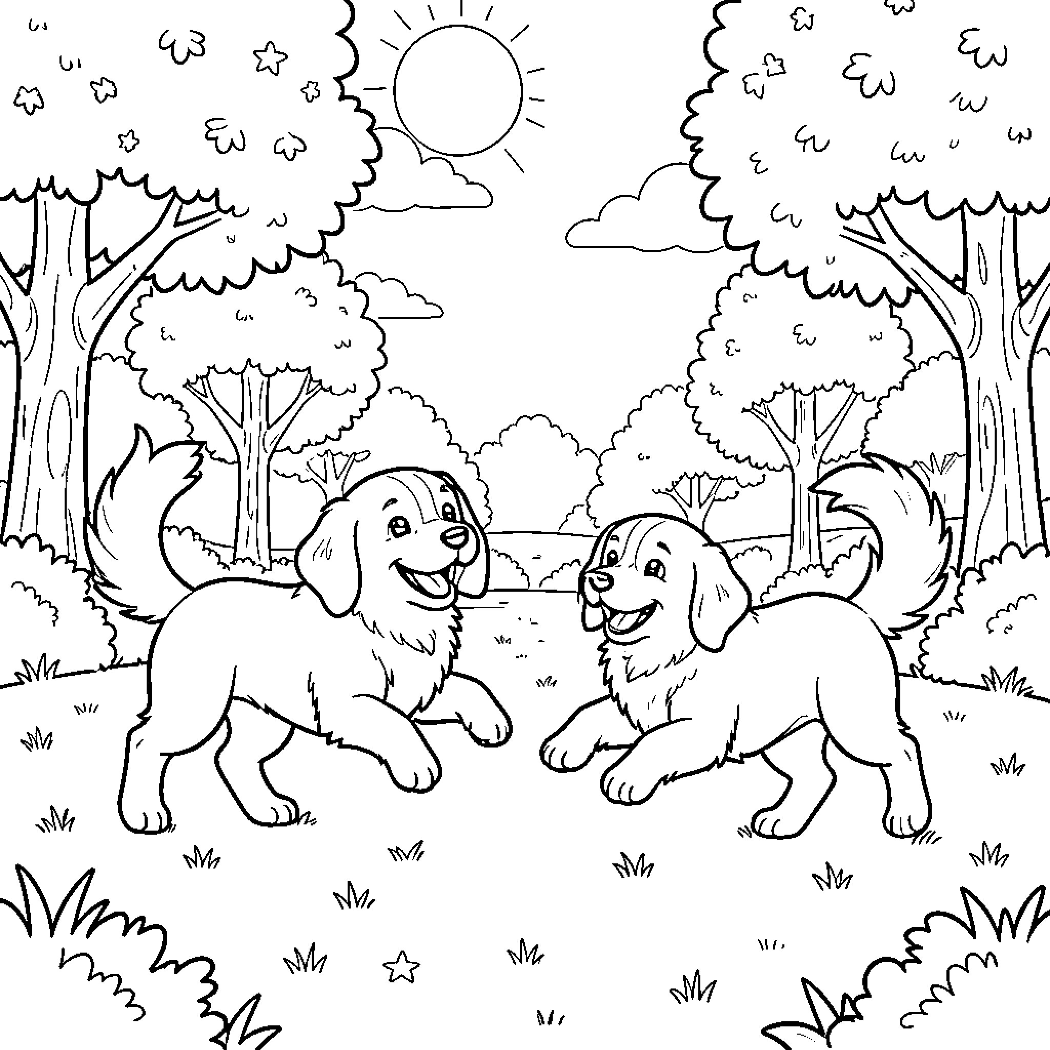Dog friends playing in the forest Coloring Page (free black-and-white line drawing printable PDF for all, from beginners to advanced learners, including children, teens, adults, and seniors)