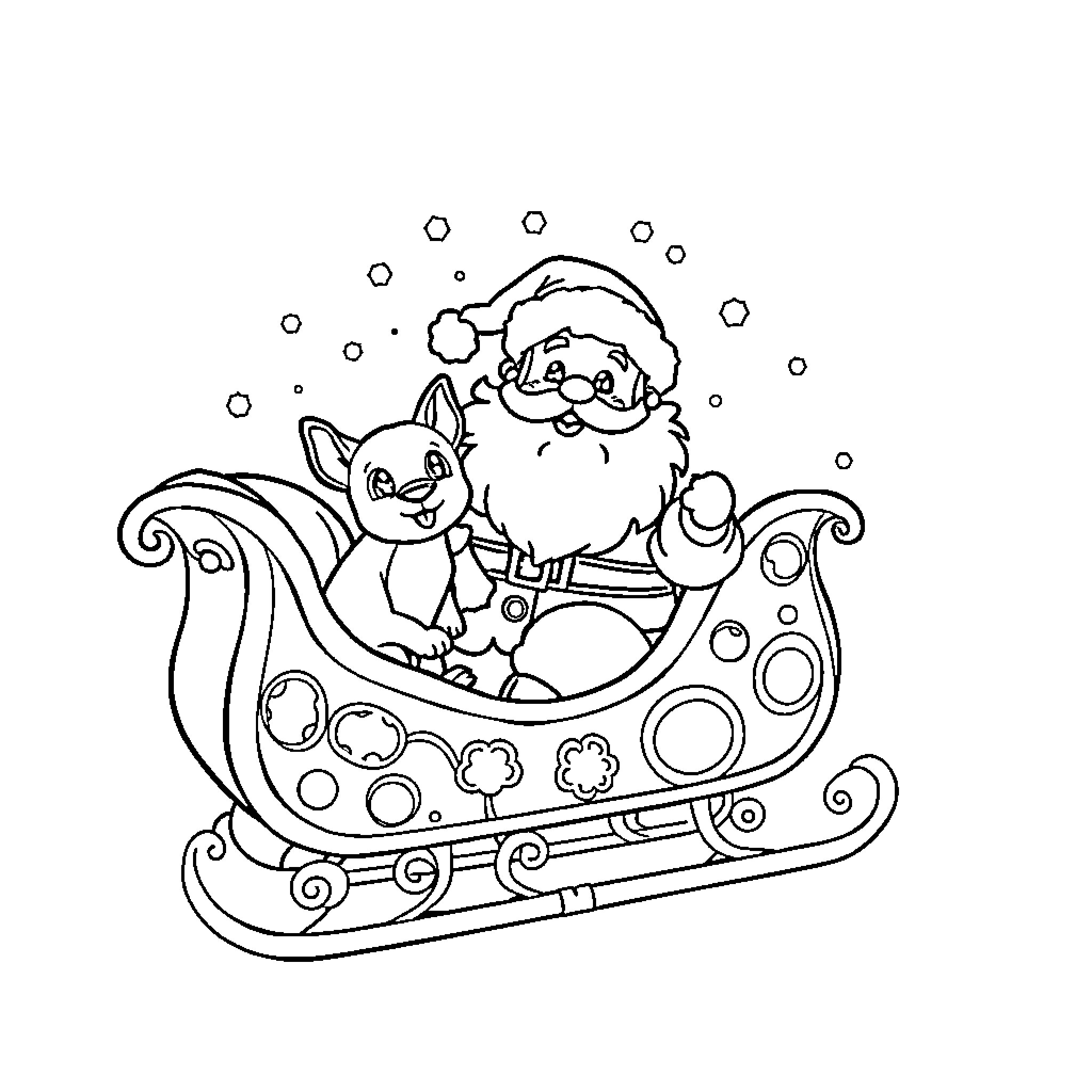 Santa riding sleigh with Christmas cat Coloring Page (free black-and-white line drawing printable PDF for all, from beginners to advanced learners, including children, teens, adults, and seniors)