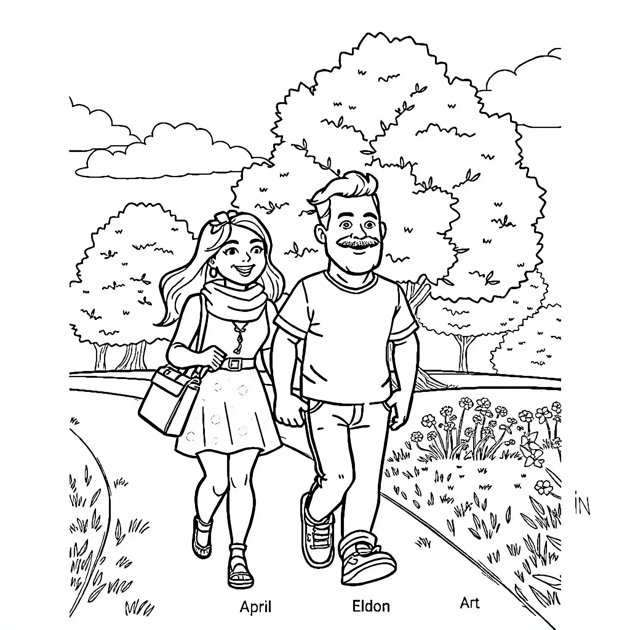 April and Eldon enjoy a leisurely stroll in the park Coloring Page (free black-and-white line drawing printable PDF for all, from beginners to advanced learners, including children, teens, adults, and seniors)