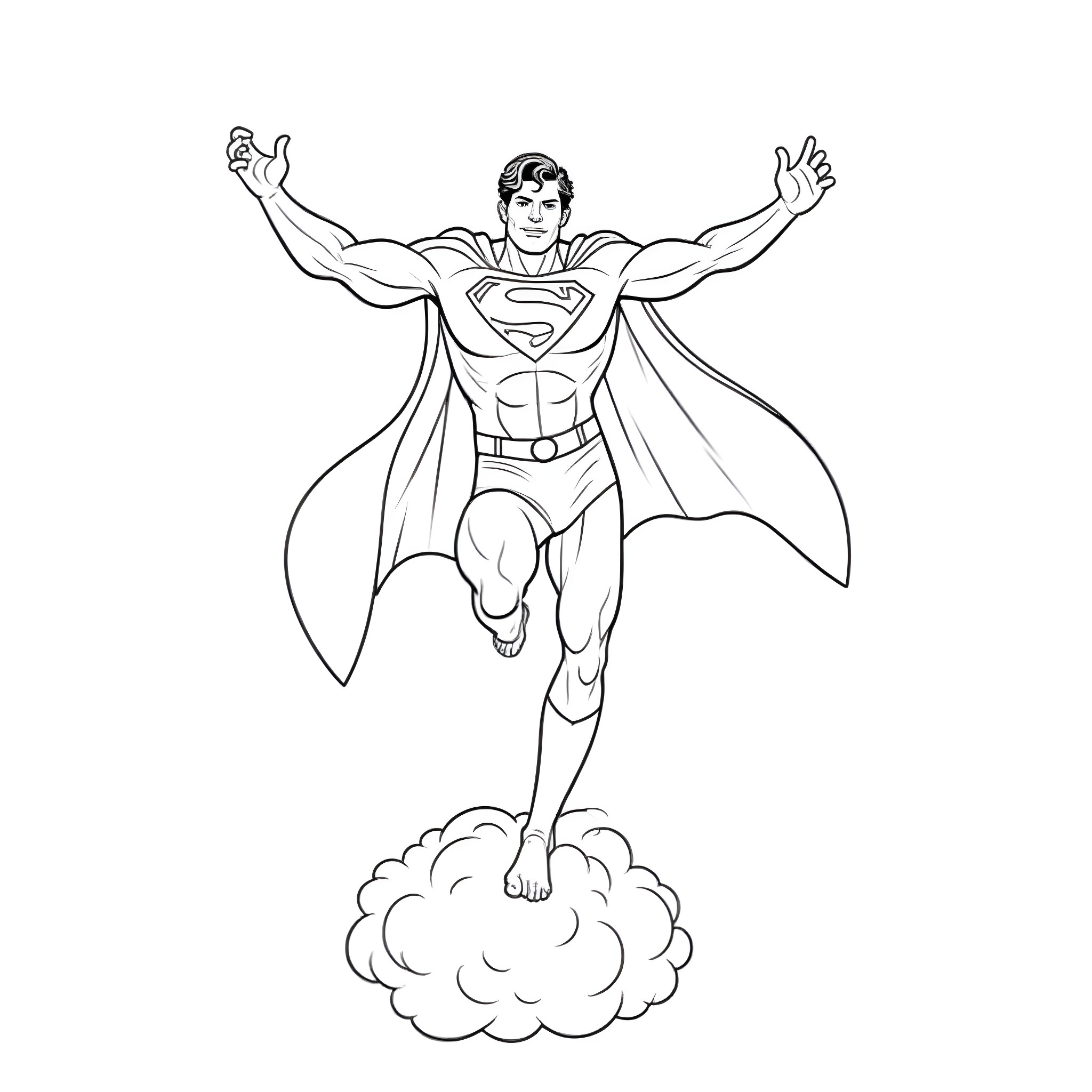 Superman soaring heroically in the sky Coloring Page (free black-and-white line drawing printable PDF for all, from beginners to advanced learners, including children, teens, adults, and seniors)
