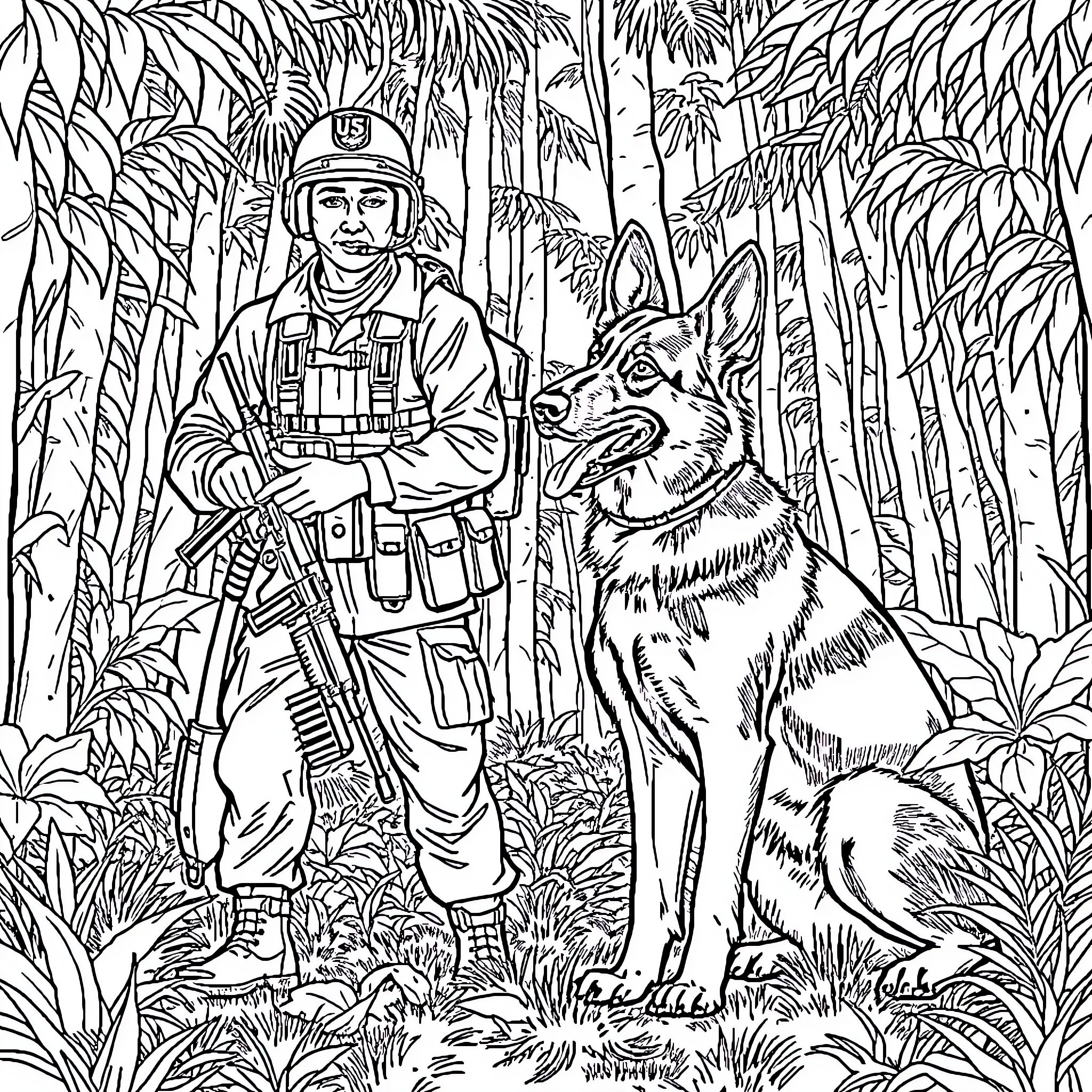 German Shepherd Assisting Military Soldier in Jungle Coloring Page (free black-and-white line drawing printable PDF for all, from beginners to advanced learners, including children, teens, adults, and seniors)