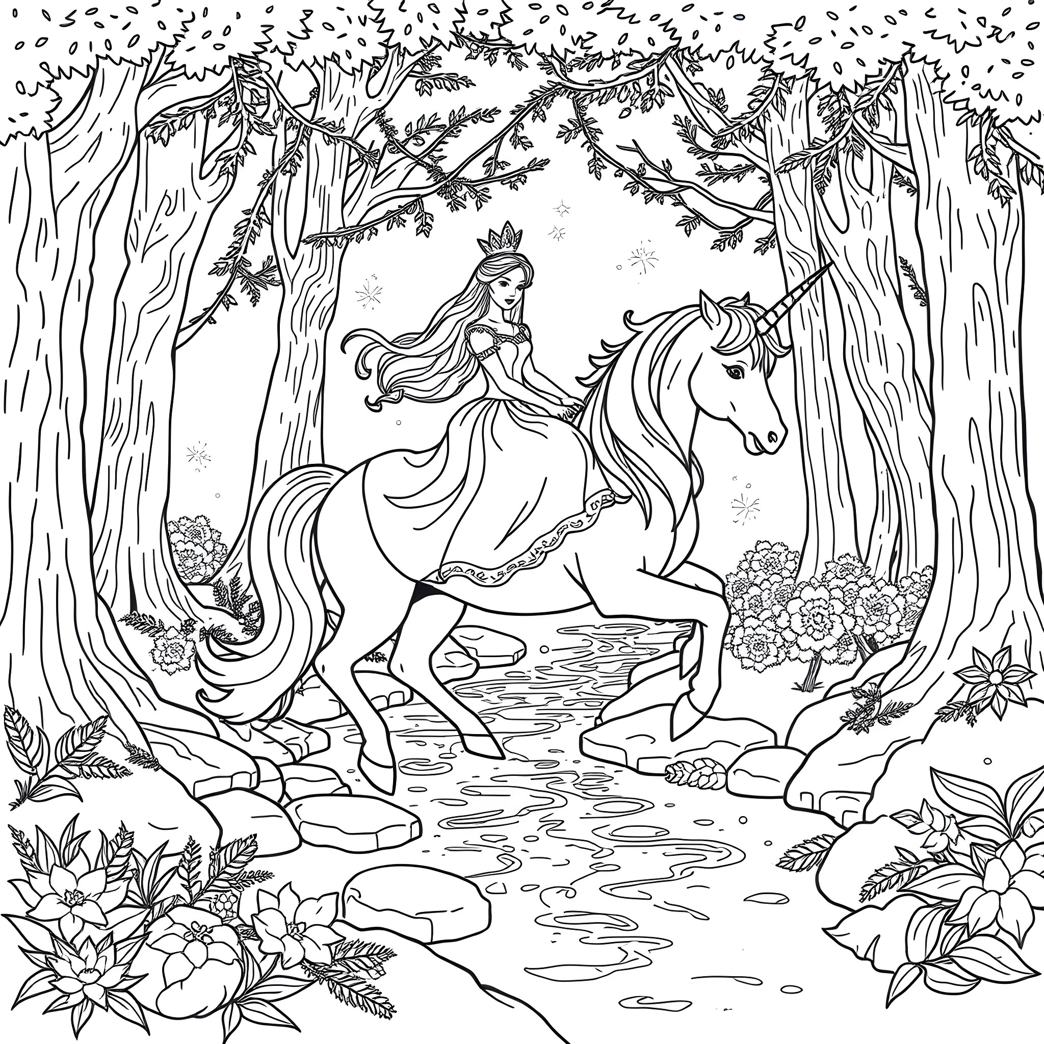 Princess on a Majestic Unicorn in a Magical Forest Coloring Page (free black-and-white line drawing printable PDF for all, from beginners to advanced learners, including children, teens, adults, and seniors)