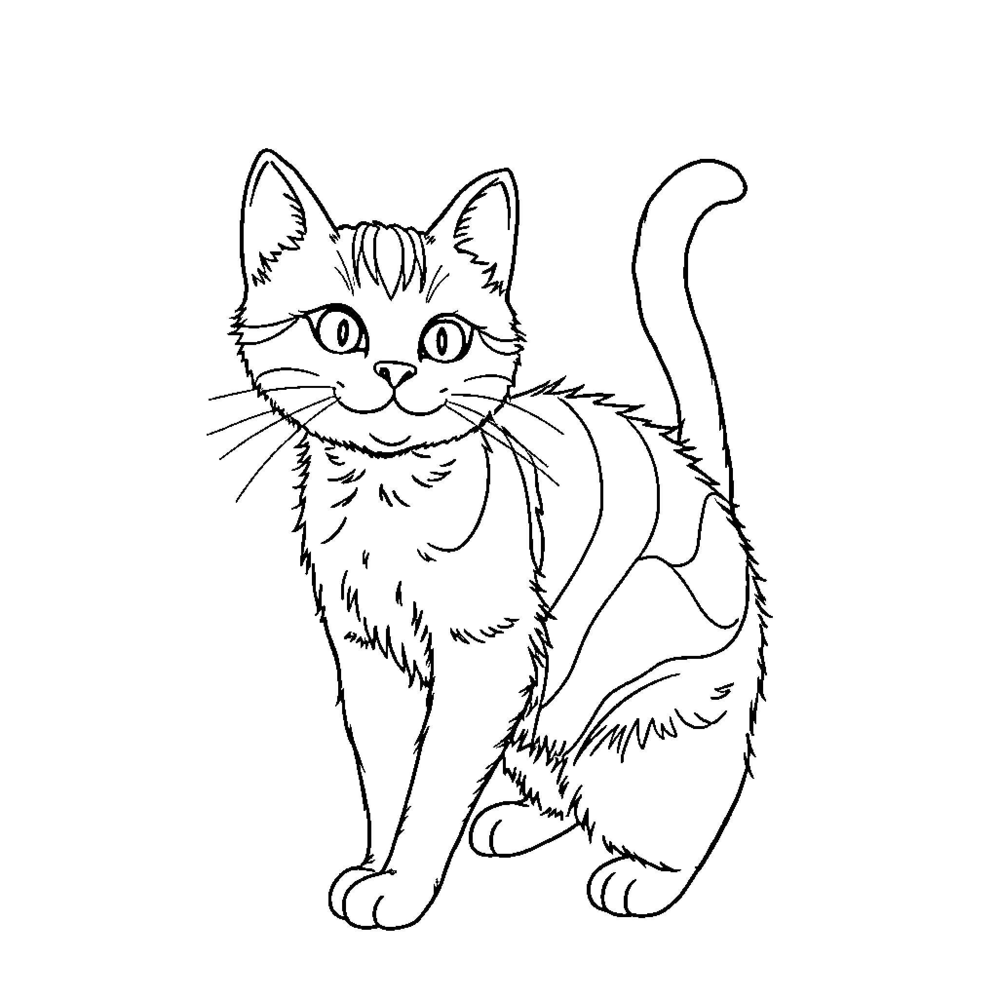 Cat contently sitting and observing surroundings Coloring Page (free black-and-white line drawing printable PDF for all, from beginners to advanced learners, including children, teens, adults, and seniors)