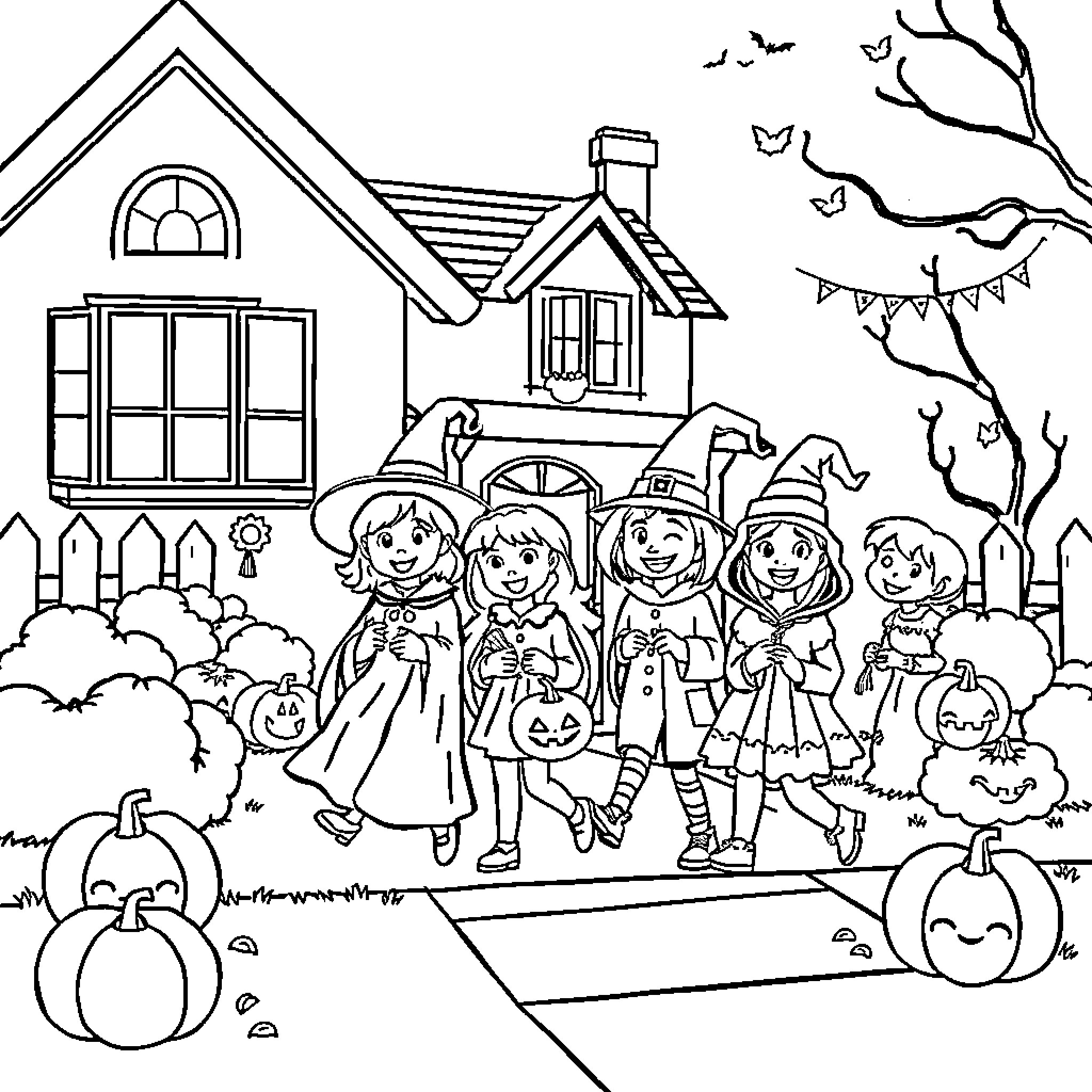 Trick-or-Treating in a Spooky Neighborhood Coloring Page (free black-and-white line drawing printable PDF for all, from beginners to advanced learners, including children, teens, adults, and seniors)