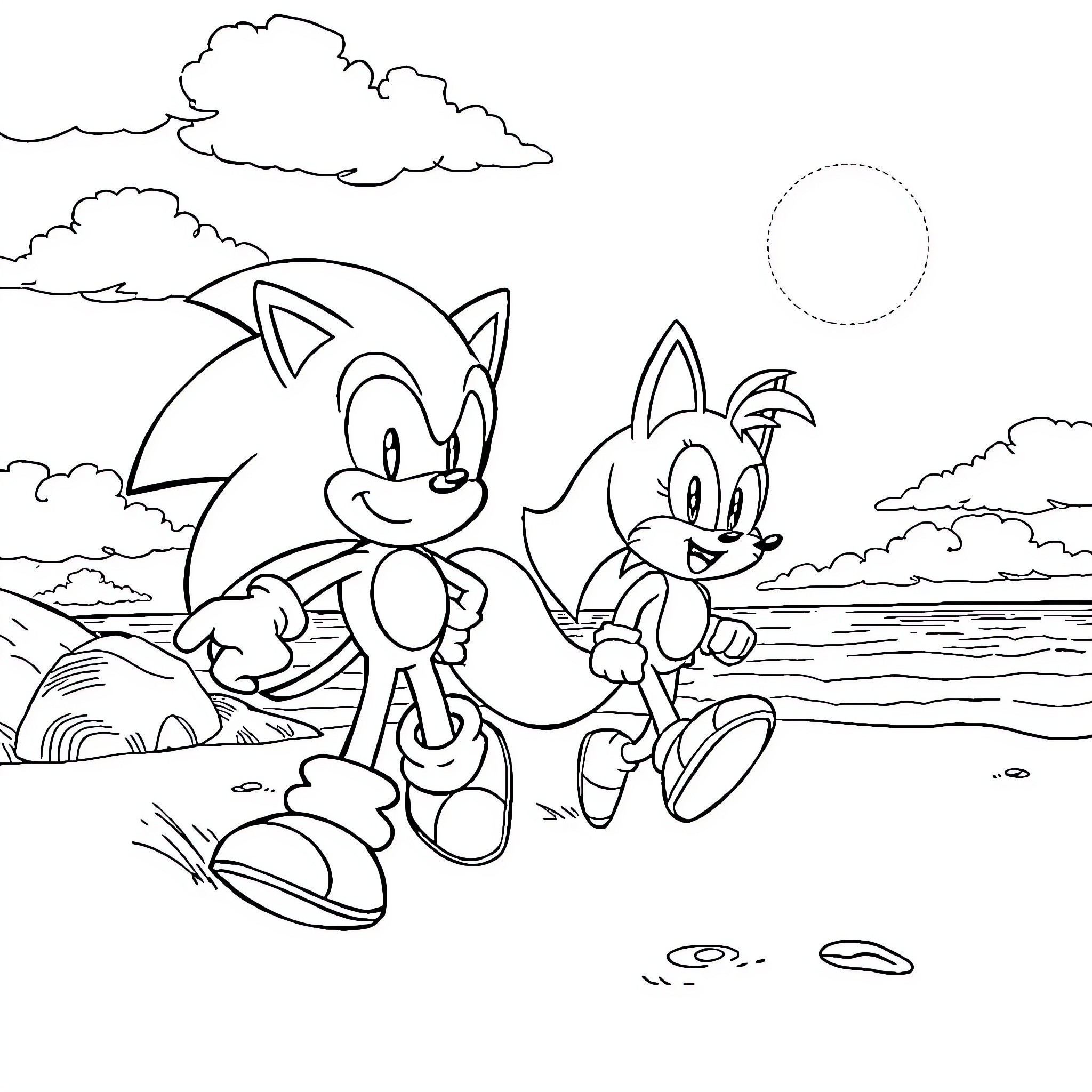 Sonic characters in outdoor adventure scene Coloring Page (free black-and-white line drawing printable PDF for all, from beginners to advanced learners, including children, teens, adults, and seniors)
