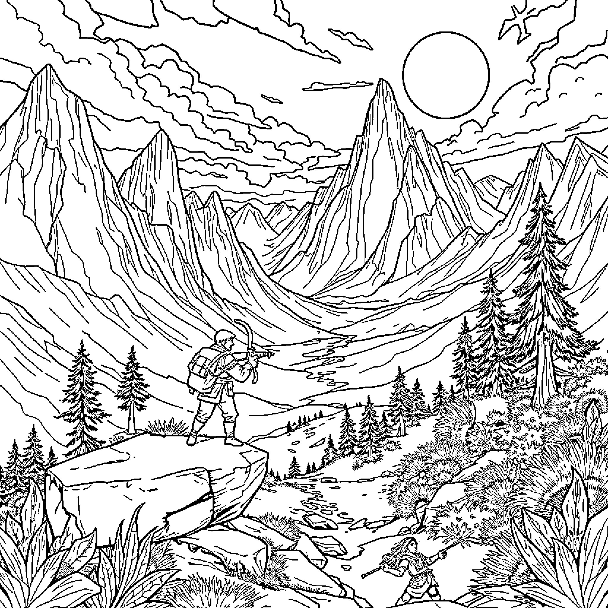 Huntrix Exploring the Rugged Mountain Landscape Coloring Page (free black-and-white line drawing printable PDF for all, from beginners to advanced learners, including children, teens, adults, and seniors)