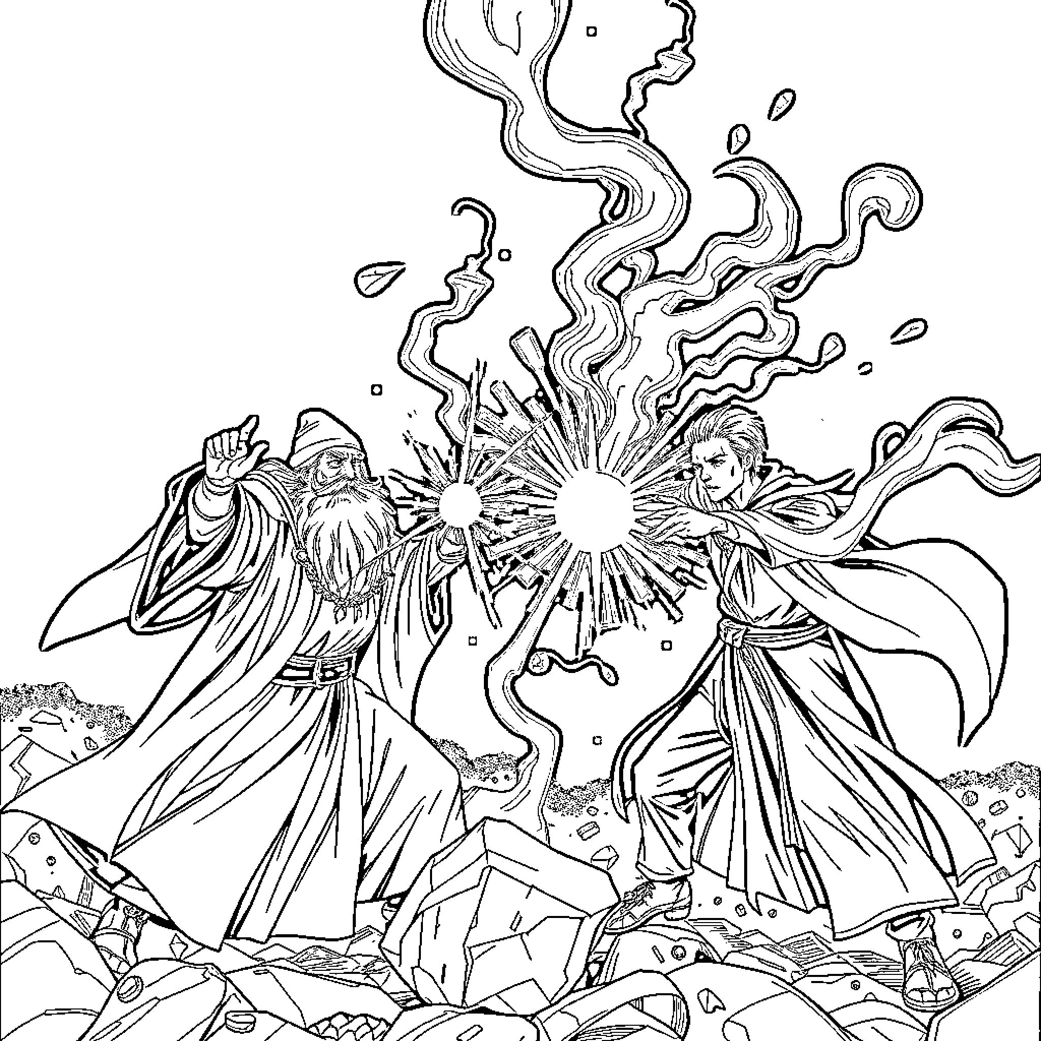 Wizard performing powerful magical ritual in mystical landscape Coloring Page (free black-and-white line drawing printable PDF for all, from beginners to advanced learners, including children, teens, adults, and seniors)