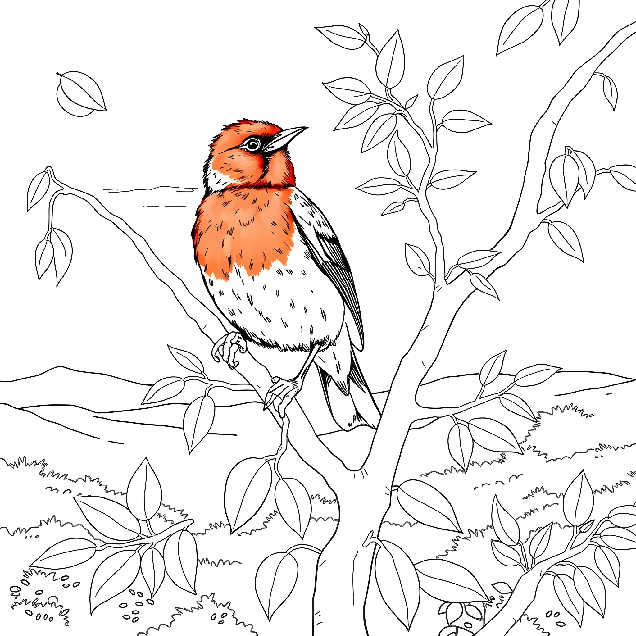 Tanager perched on a branch surrounded by leaves Coloring Page (free black-and-white line drawing printable PDF for all, from beginners to advanced learners, including children, teens, adults, and seniors)