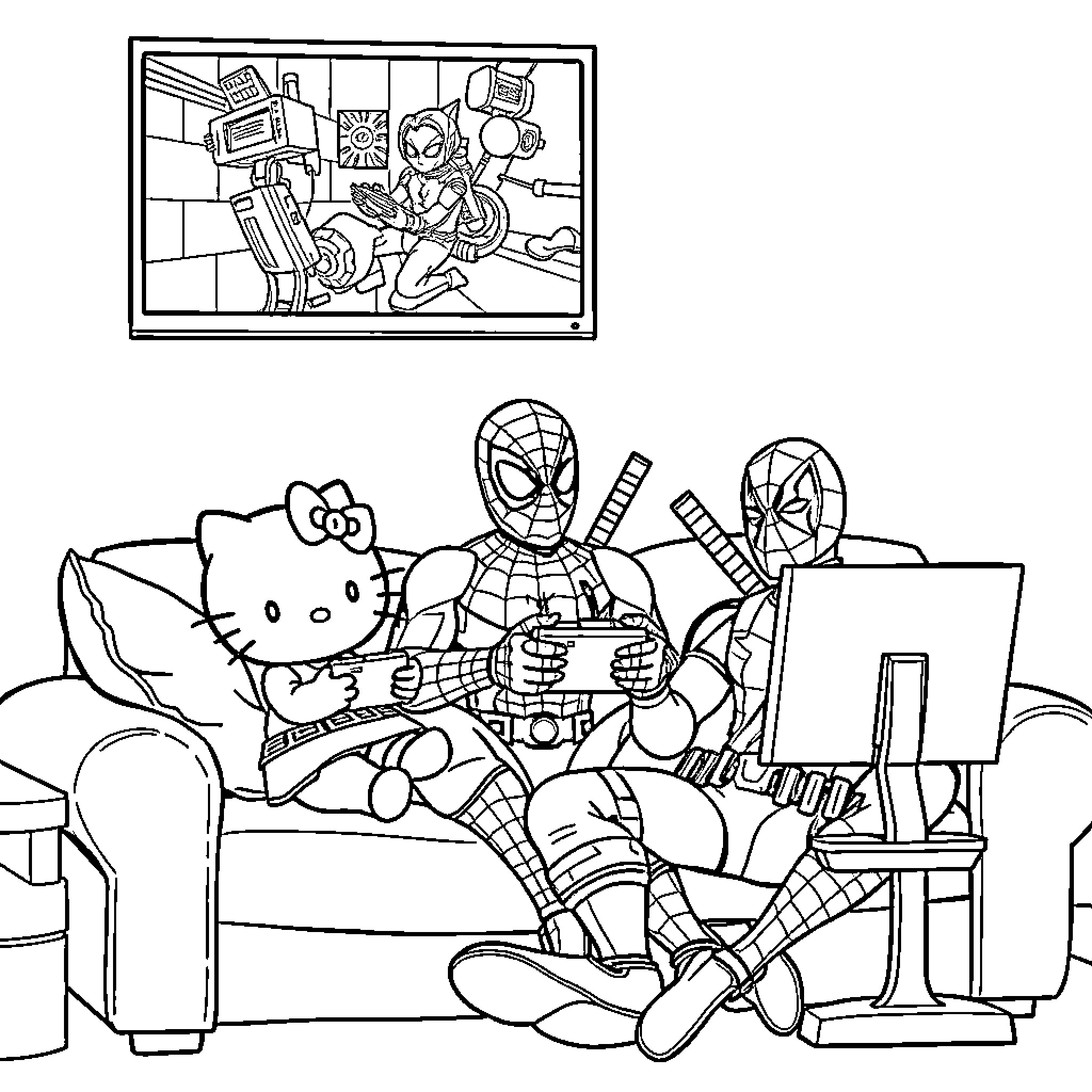 Hello Kitty and Superheroes Enjoying Gaming Together Coloring Page (free black-and-white line drawing printable PDF for all, from beginners to advanced learners, including children, teens, adults, and seniors)