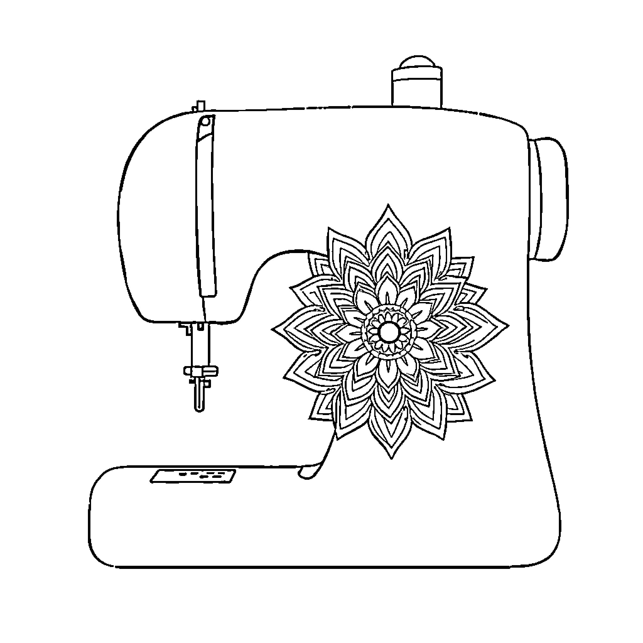 Zipper sewing machine with intricate mandala design Coloring Page (free black-and-white line drawing printable PDF for all, from beginners to advanced learners, including children, teens, adults, and seniors)