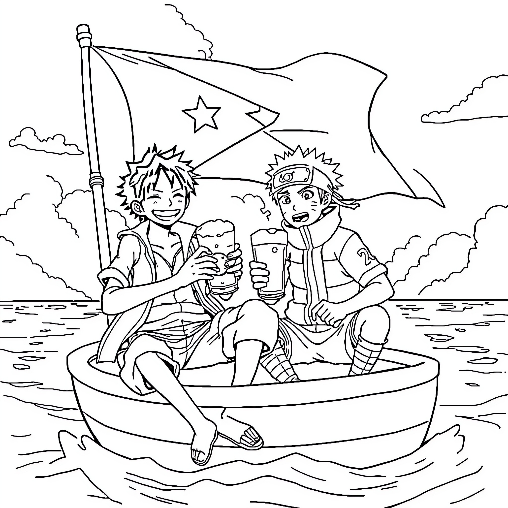 Luffy and Naruto enjoying a boat ride on the sea Coloring Page (free black-and-white line drawing printable PDF for all, from beginners to advanced learners, including children, teens, adults, and seniors)