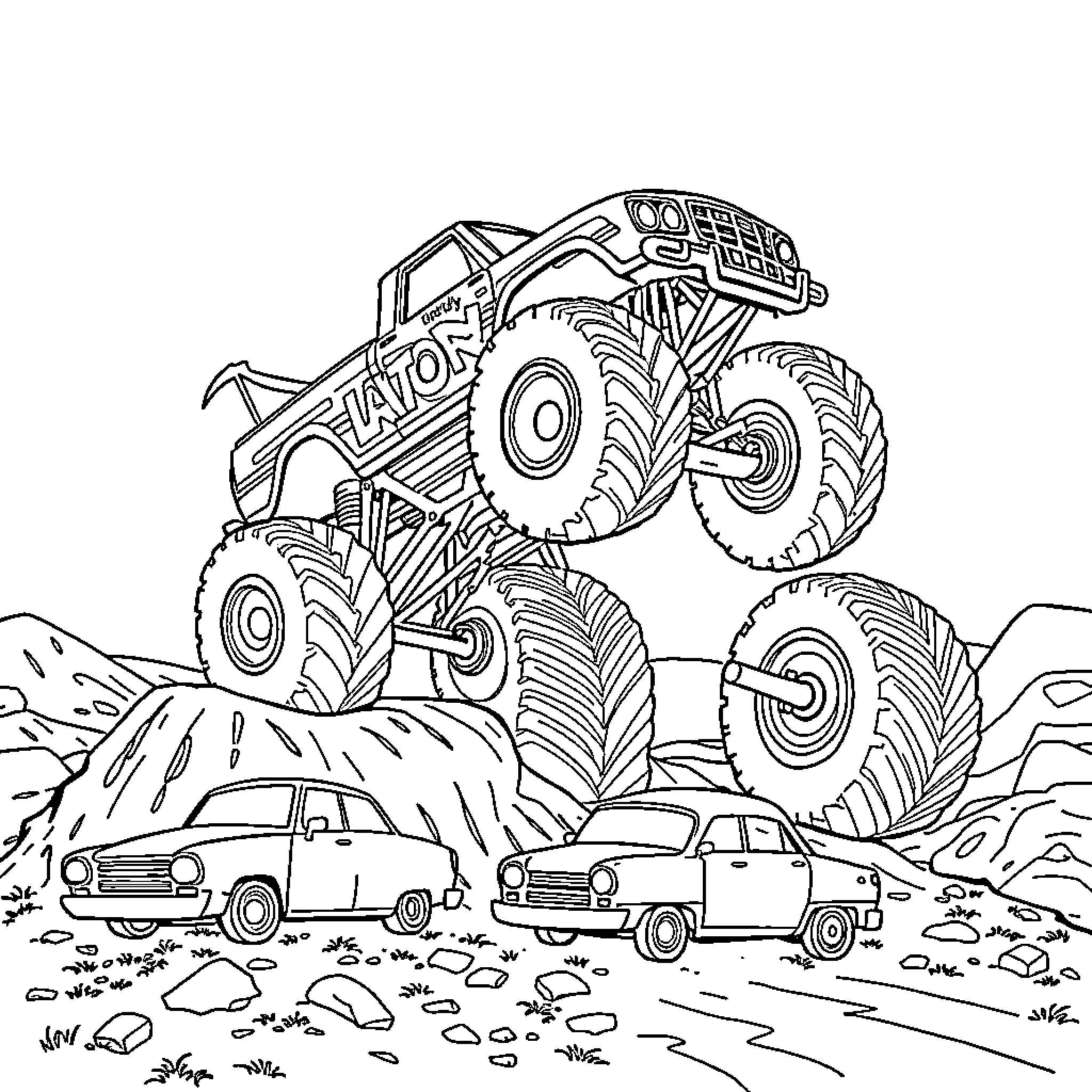 Monster Truck Crushing Smaller Vehicles in the Wild Coloring Page (free black-and-white line drawing printable PDF for all, from beginners to advanced learners, including children, teens, adults, and seniors)