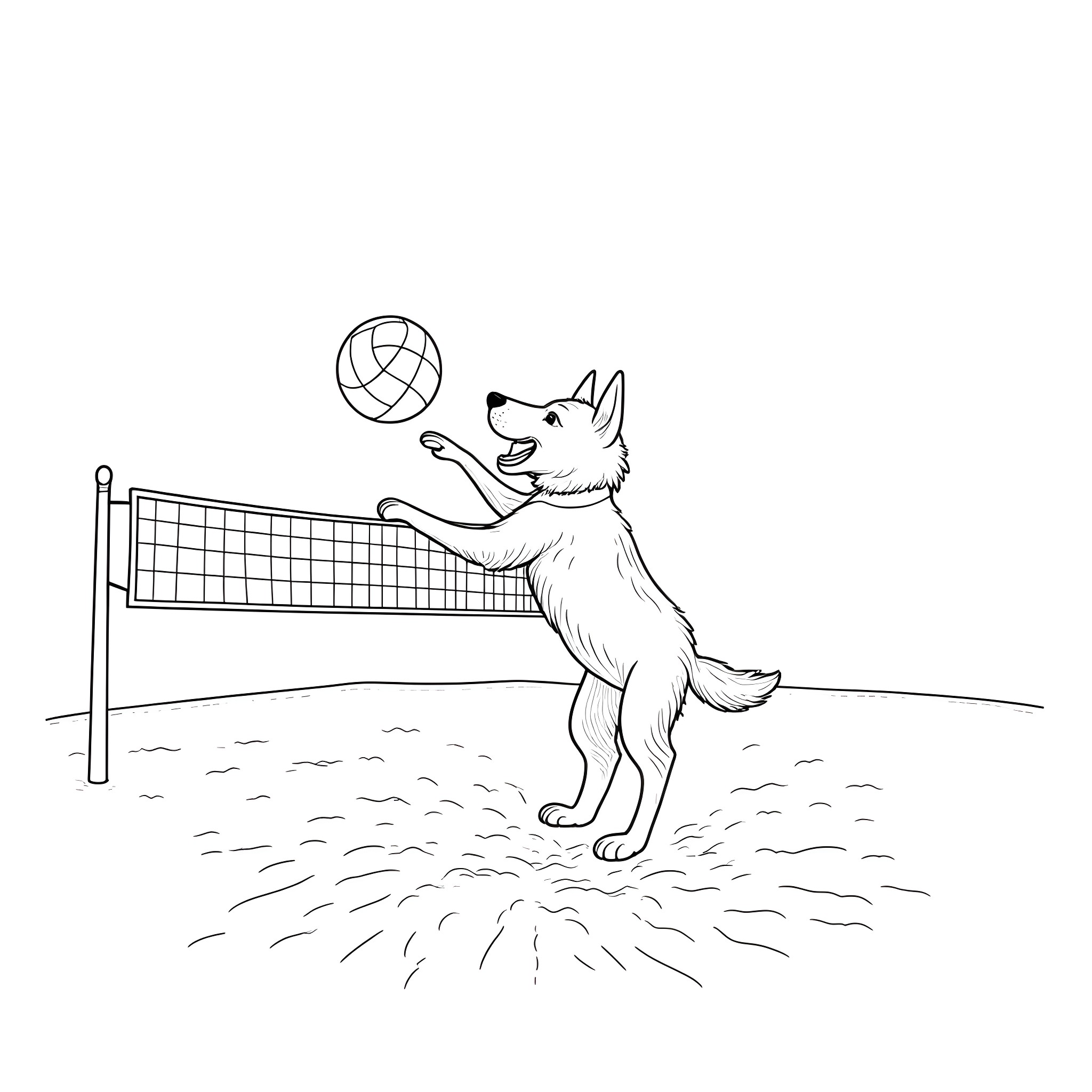 Dog playing with ball near volleyball net Coloring Page (free black-and-white line drawing printable PDF for all, from beginners to advanced learners, including children, teens, adults, and seniors)