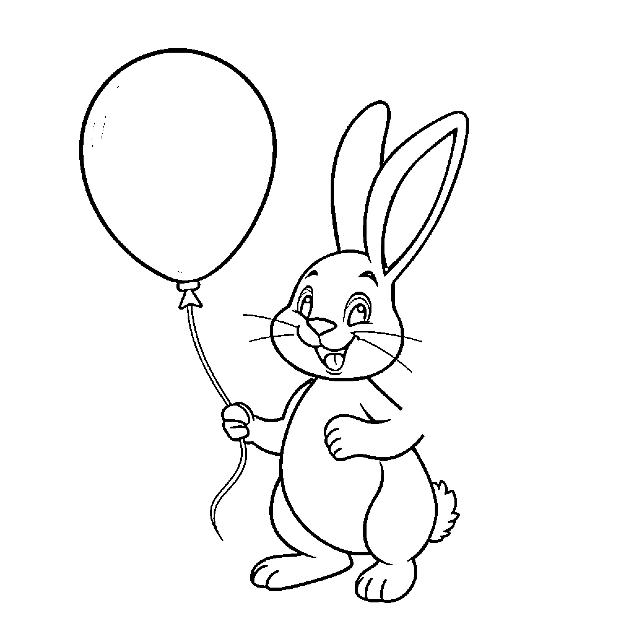 Rabbit with a balloon having fun Coloring Page (free black-and-white line drawing printable PDF for all, from beginners to advanced learners, including children, teens, adults, and seniors)