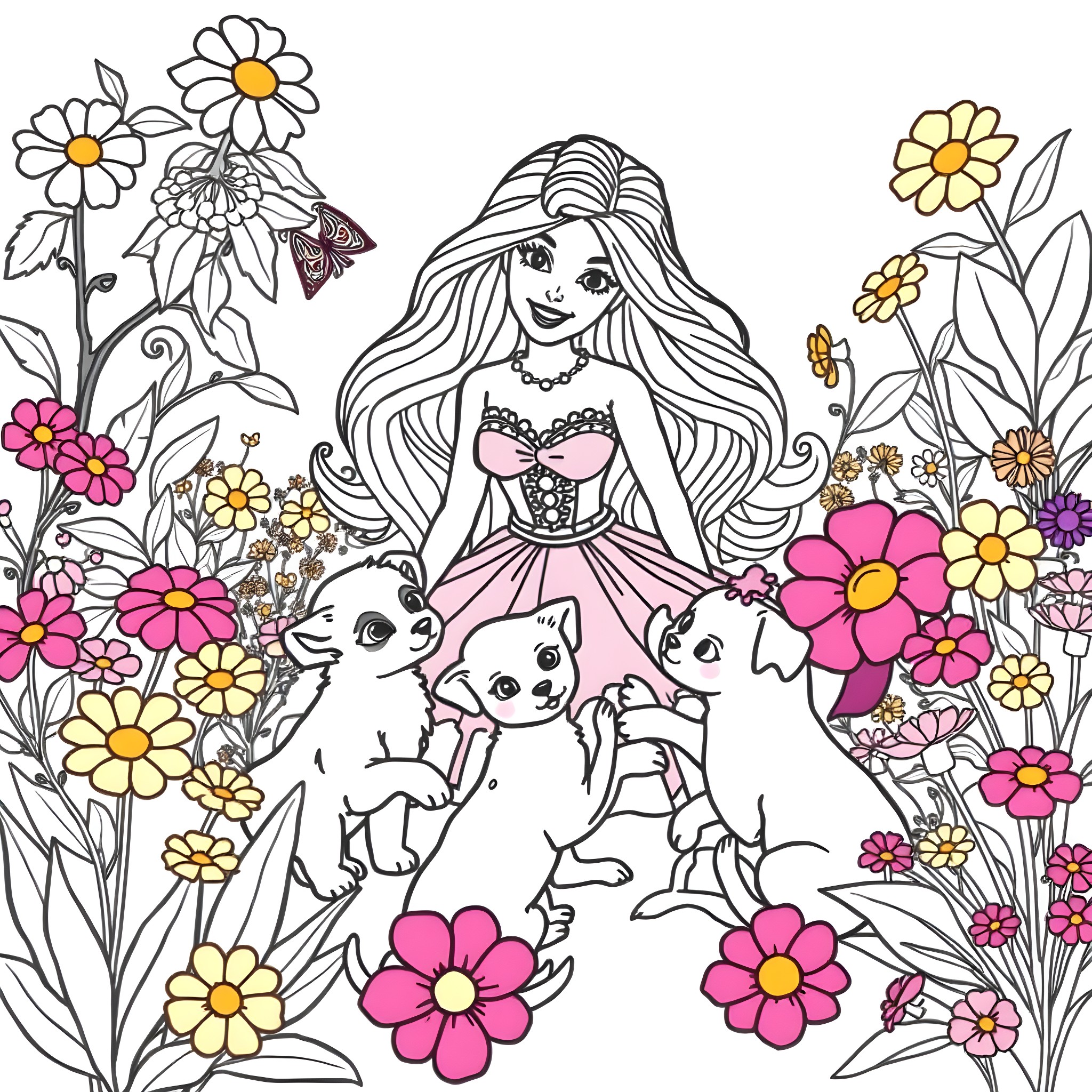 Barbie playing with cute puppies in a floral garden Coloring Page (free black-and-white line drawing printable PDF for all, from beginners to advanced learners, including children, teens, adults, and seniors)