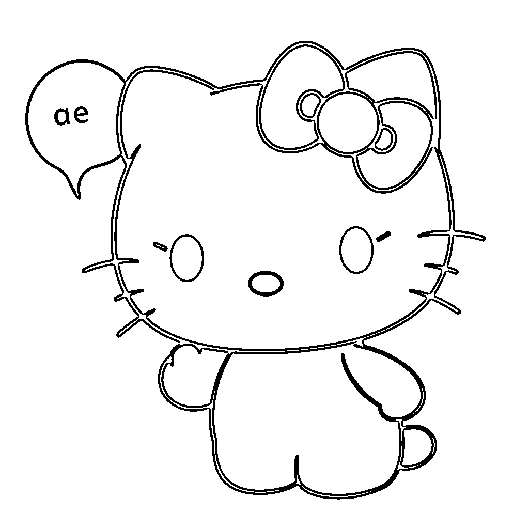 Hello Kitty sitting and smiling Coloring Page (free black-and-white line drawing printable PDF for all, from beginners to advanced learners, including children, teens, adults, and seniors)