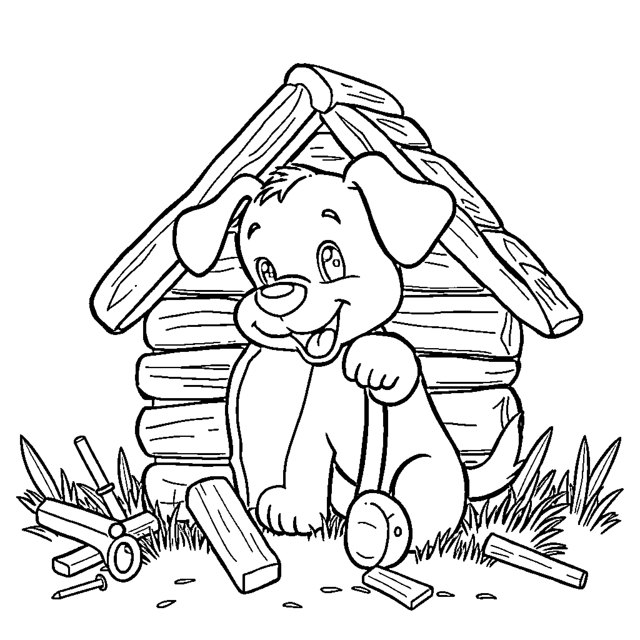 Puppy playing with books in the grass Coloring Page (free black-and-white line drawing printable PDF for all, from beginners to advanced learners, including children, teens, adults, and seniors)
