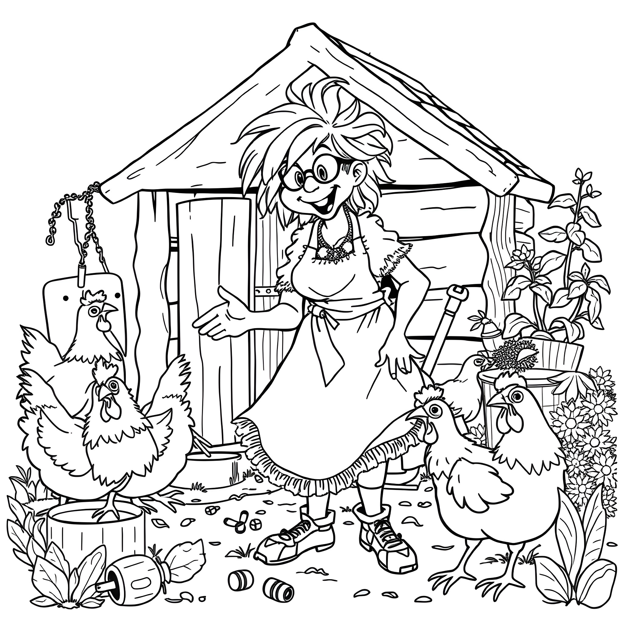 Chicken Girl Tends to Chickens at Countryside Cottage Coloring Page (free black-and-white line drawing printable PDF for all, from beginners to advanced learners, including children, teens, adults, and seniors)