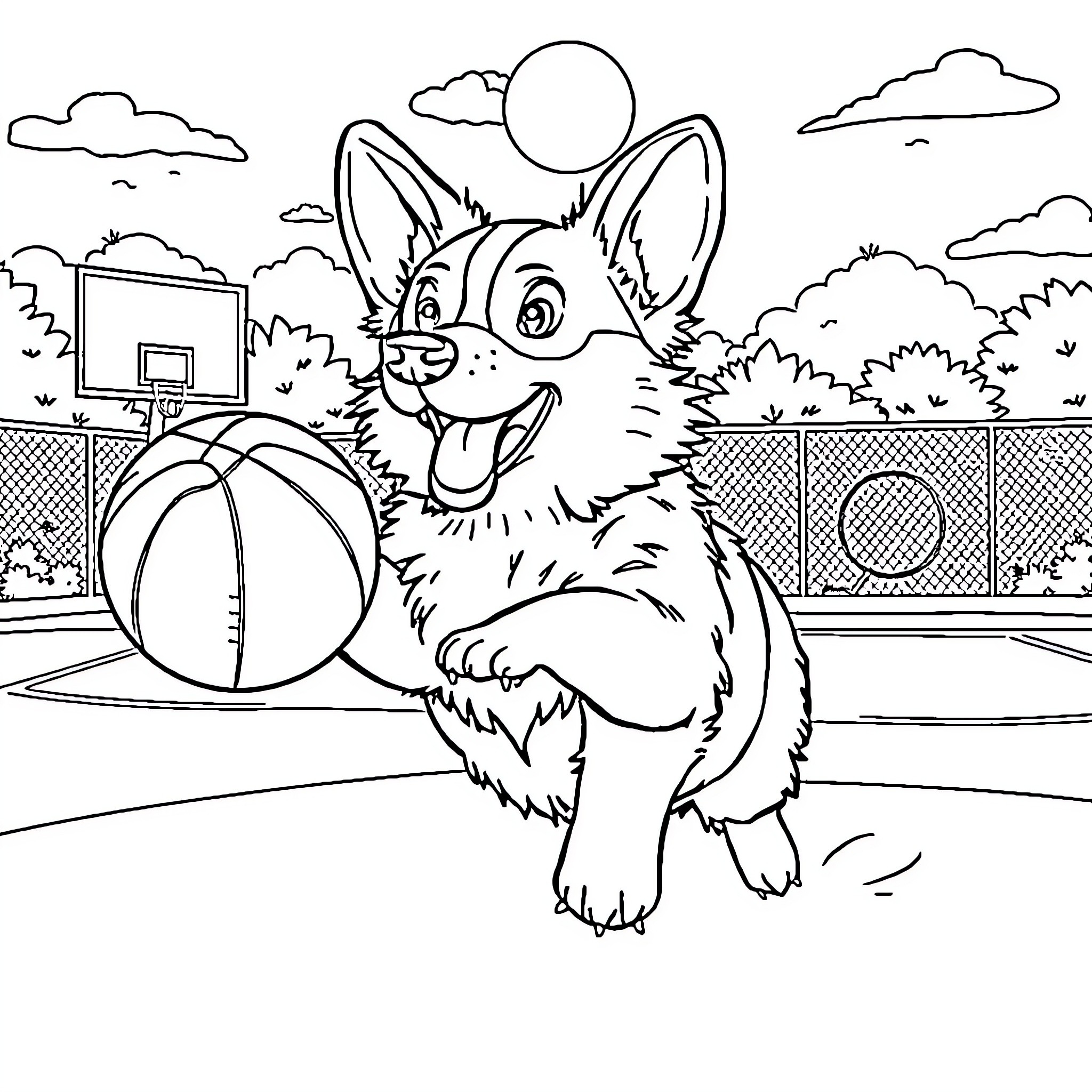 Corgi playing happily with basketball in the park Coloring Page (free black-and-white line drawing printable PDF for all, from beginners to advanced learners, including children, teens, adults, and seniors)