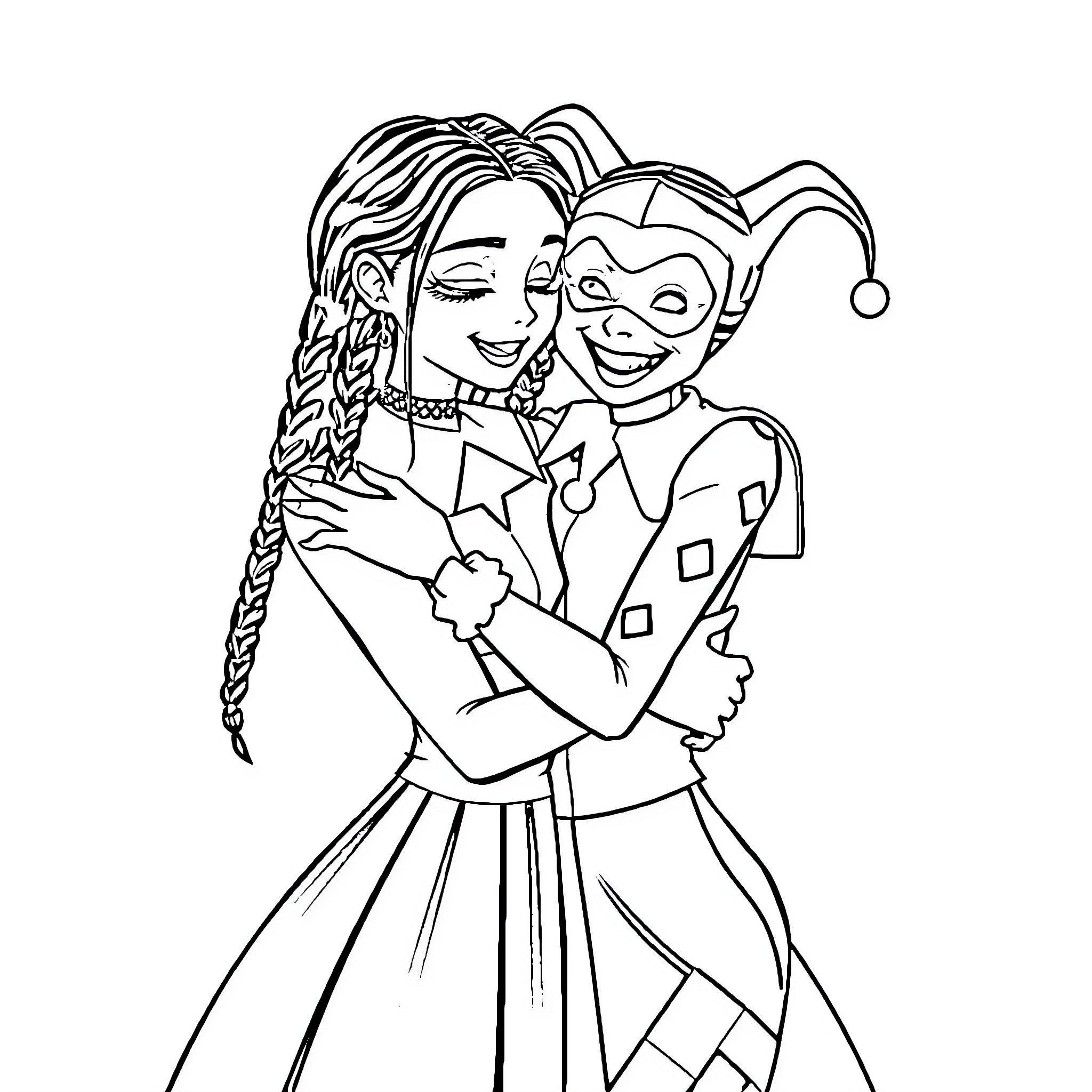 Wednesday Addams and her mischievous jester companion Coloring Page (free black-and-white line drawing printable PDF for all, from beginners to advanced learners, including children, teens, adults, and seniors)