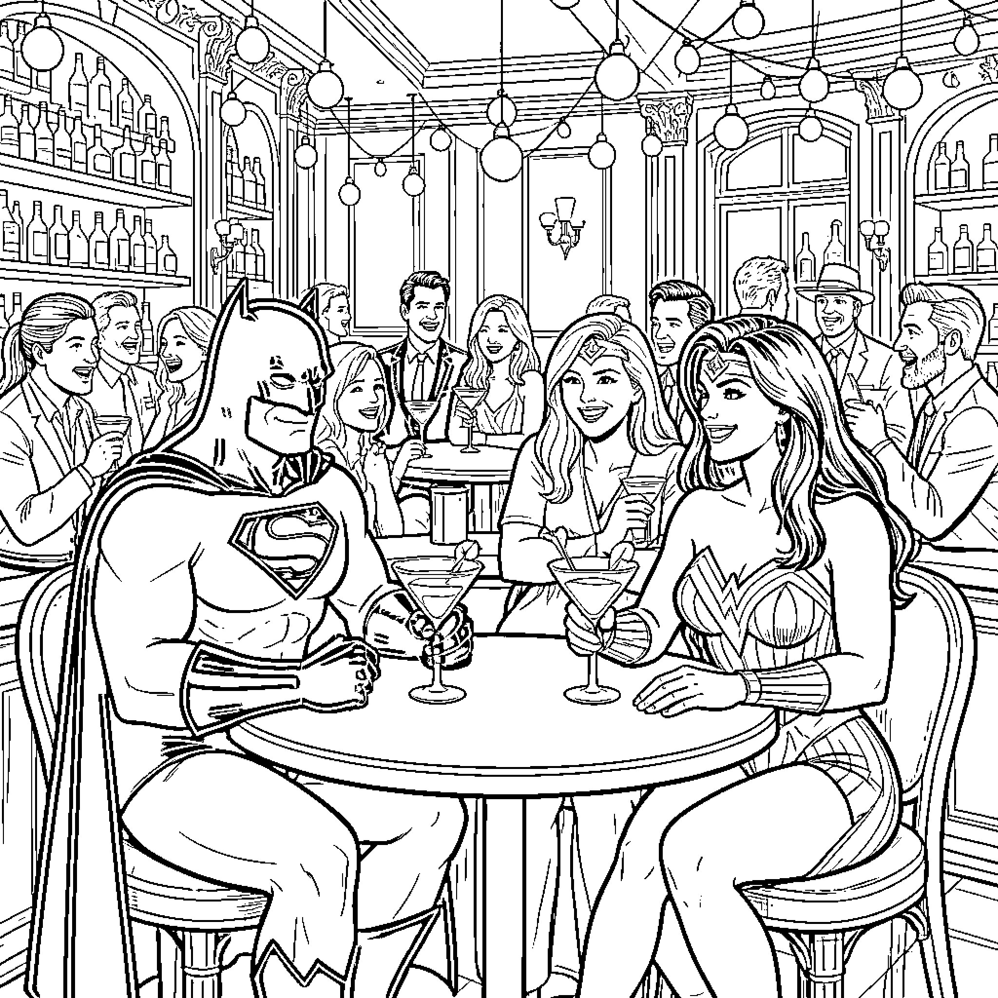 Superhero Characters Gathered for Drinks at a Bar Coloring Page (free black-and-white line drawing printable PDF for all, from beginners to advanced learners, including children, teens, adults, and seniors)