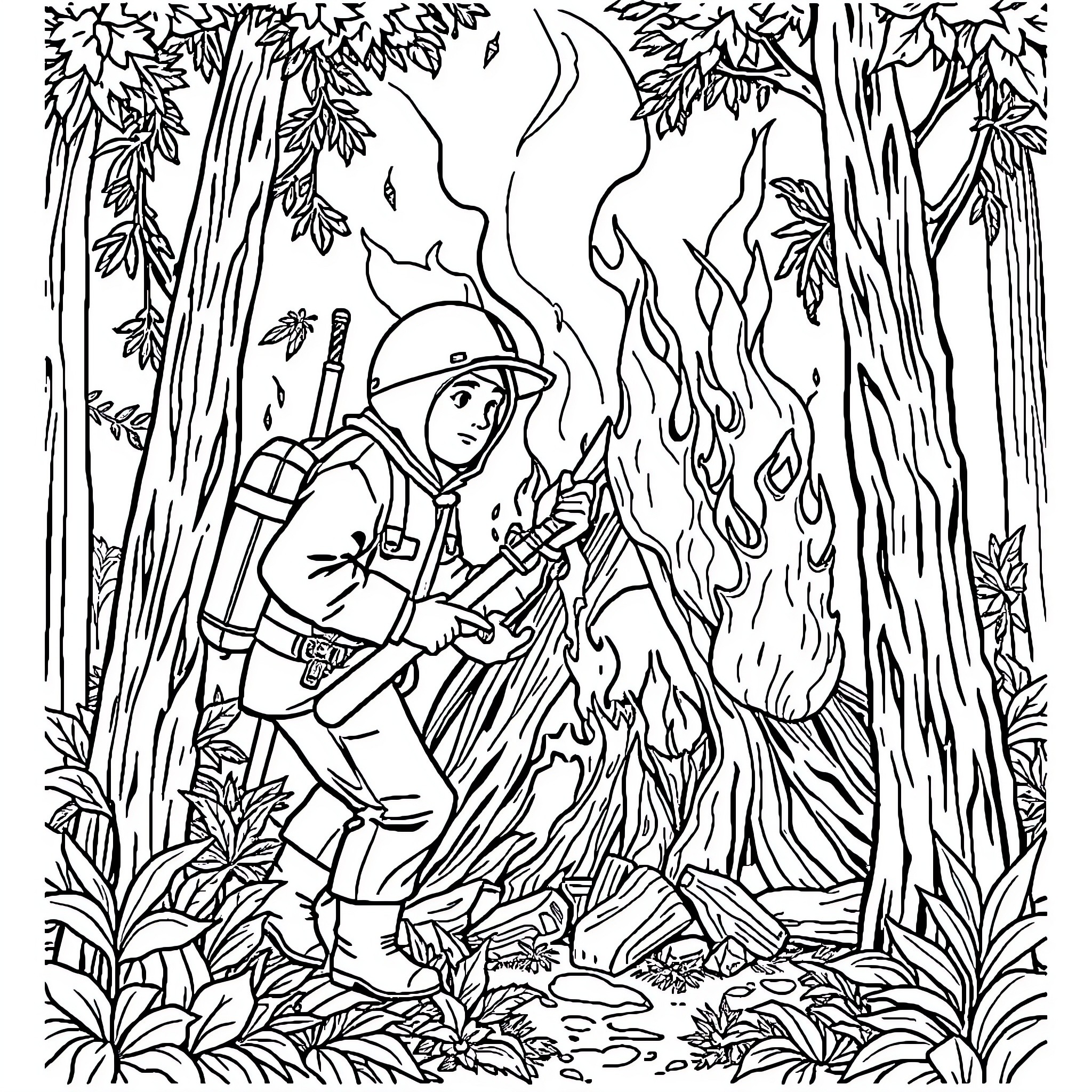 Pemadam Extinguishing Fire in the Forest Coloring Page (free black-and-white line drawing printable PDF for all, from beginners to advanced learners, including children, teens, adults, and seniors)