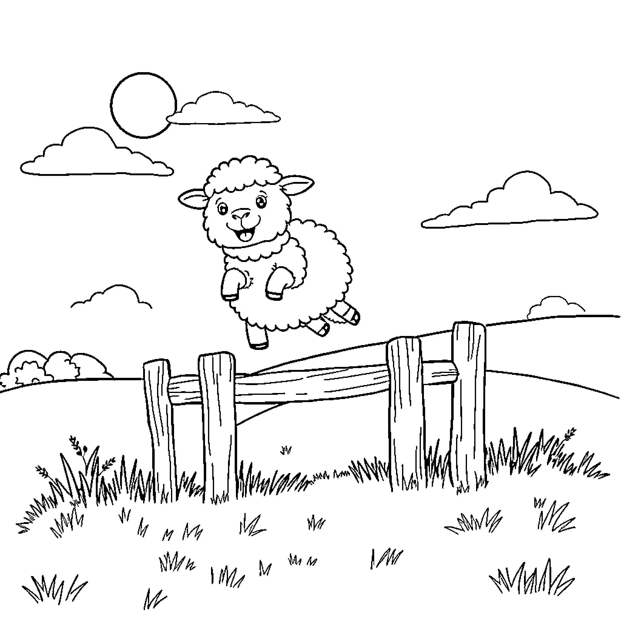 Sheep jumping happily over a fence Coloring Page (free black-and-white line drawing printable PDF for all, from beginners to advanced learners, including children, teens, adults, and seniors)