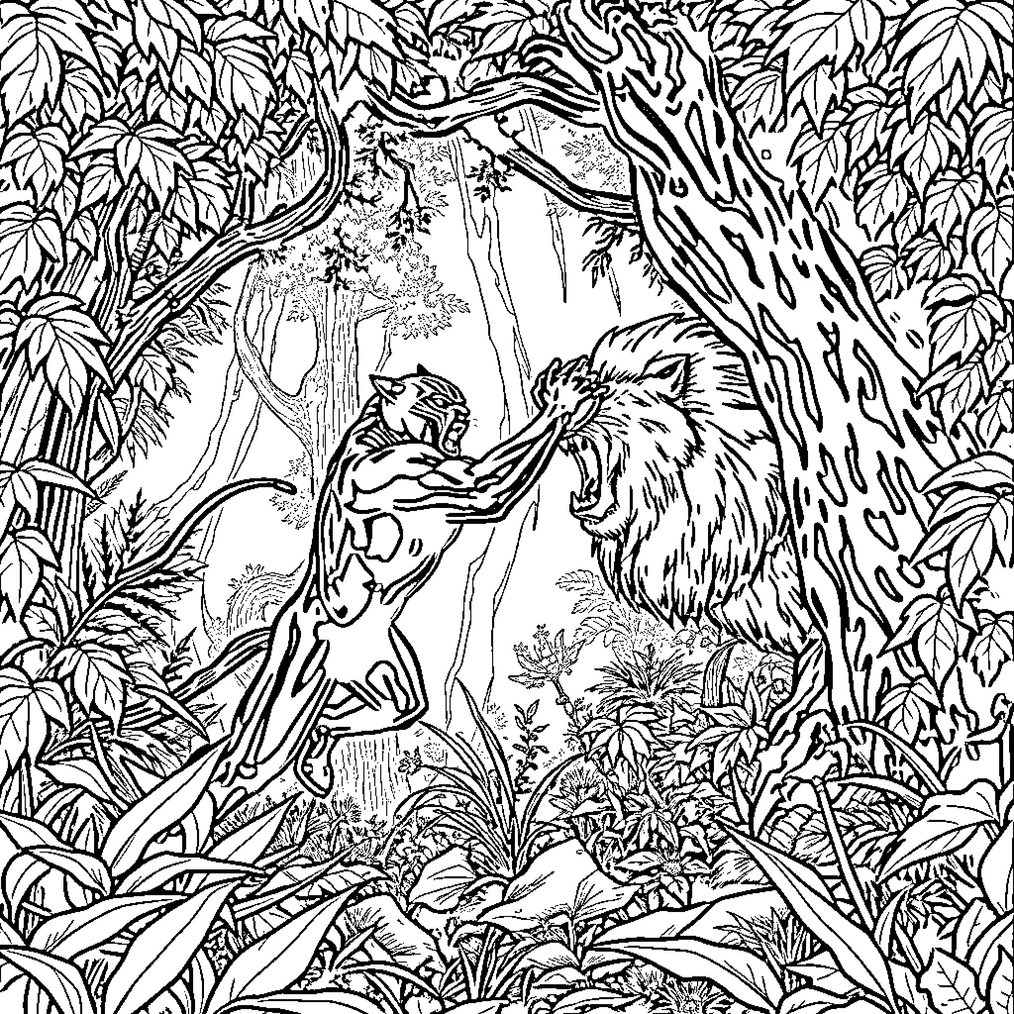 Panther Taming the Wild Beast in the Lush Jungle Coloring Page (free black-and-white line drawing printable PDF for all, from beginners to advanced learners, including children, teens, adults, and seniors)