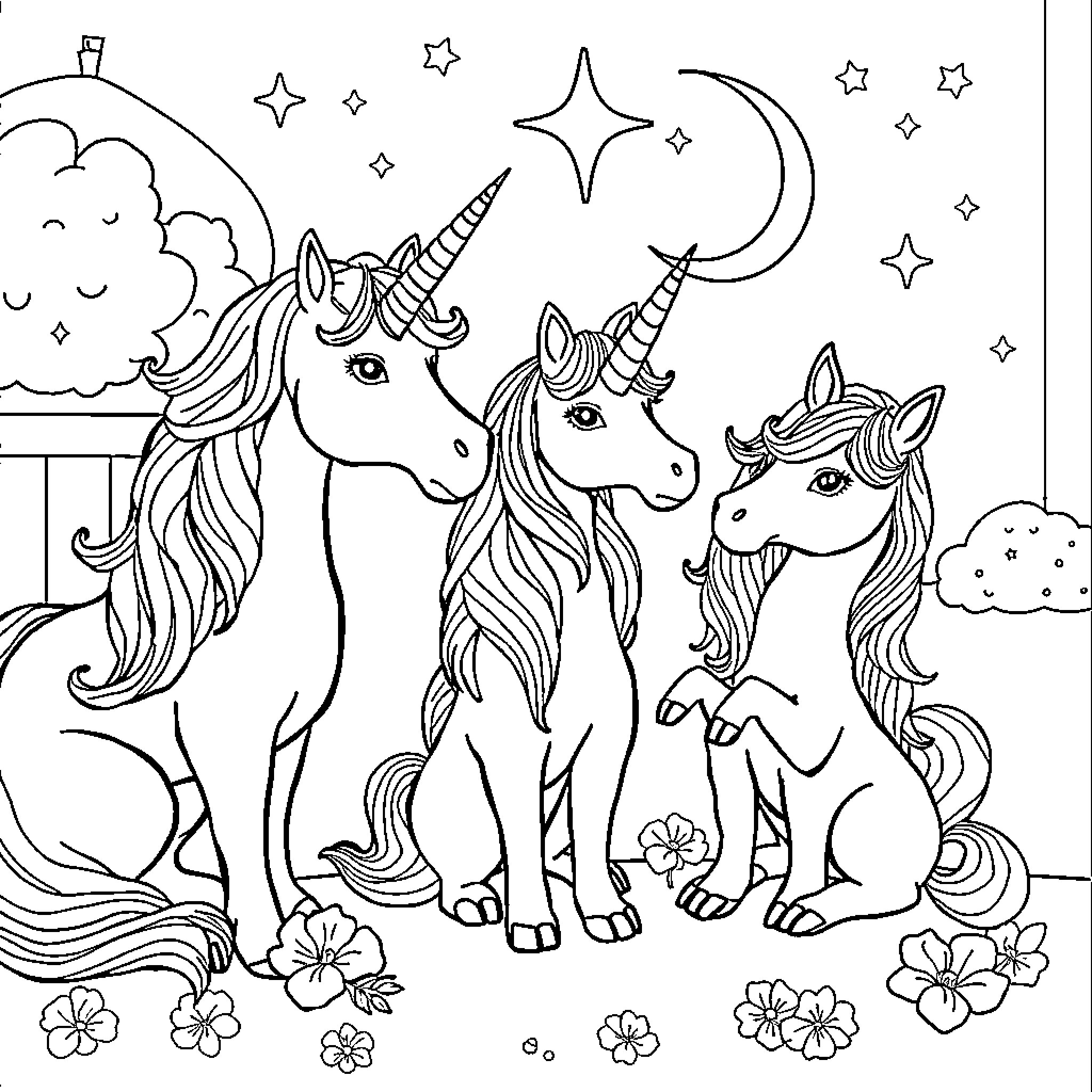 Unicorn Family enjoying Magical Nighttime Coloring Page (free black-and-white line drawing printable PDF for all, from beginners to advanced learners, including children, teens, adults, and seniors)