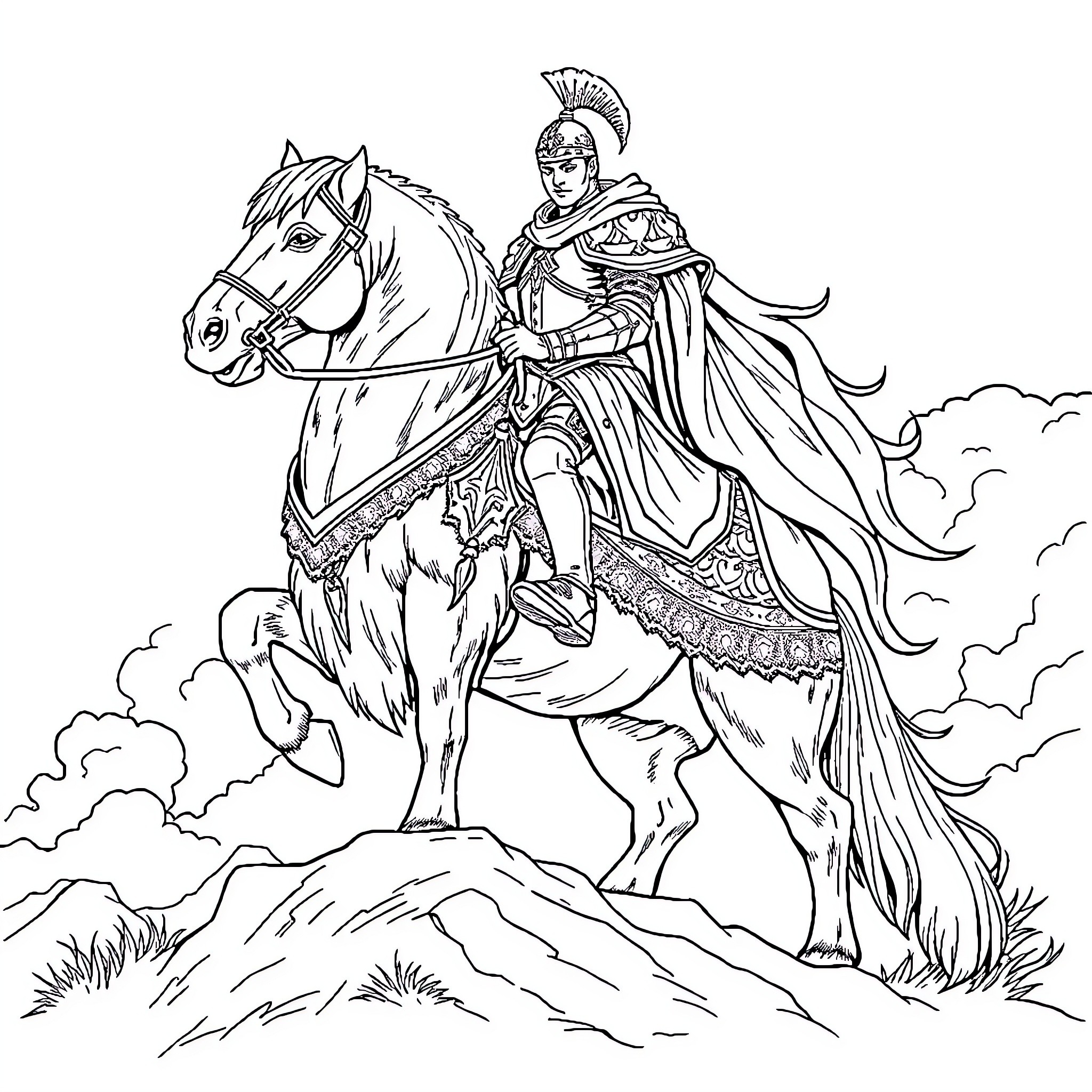 Caballero on a Valiant Steed in Noble Attire Coloring Page (free black-and-white line drawing printable PDF for all, from beginners to advanced learners, including children, teens, adults, and seniors)
