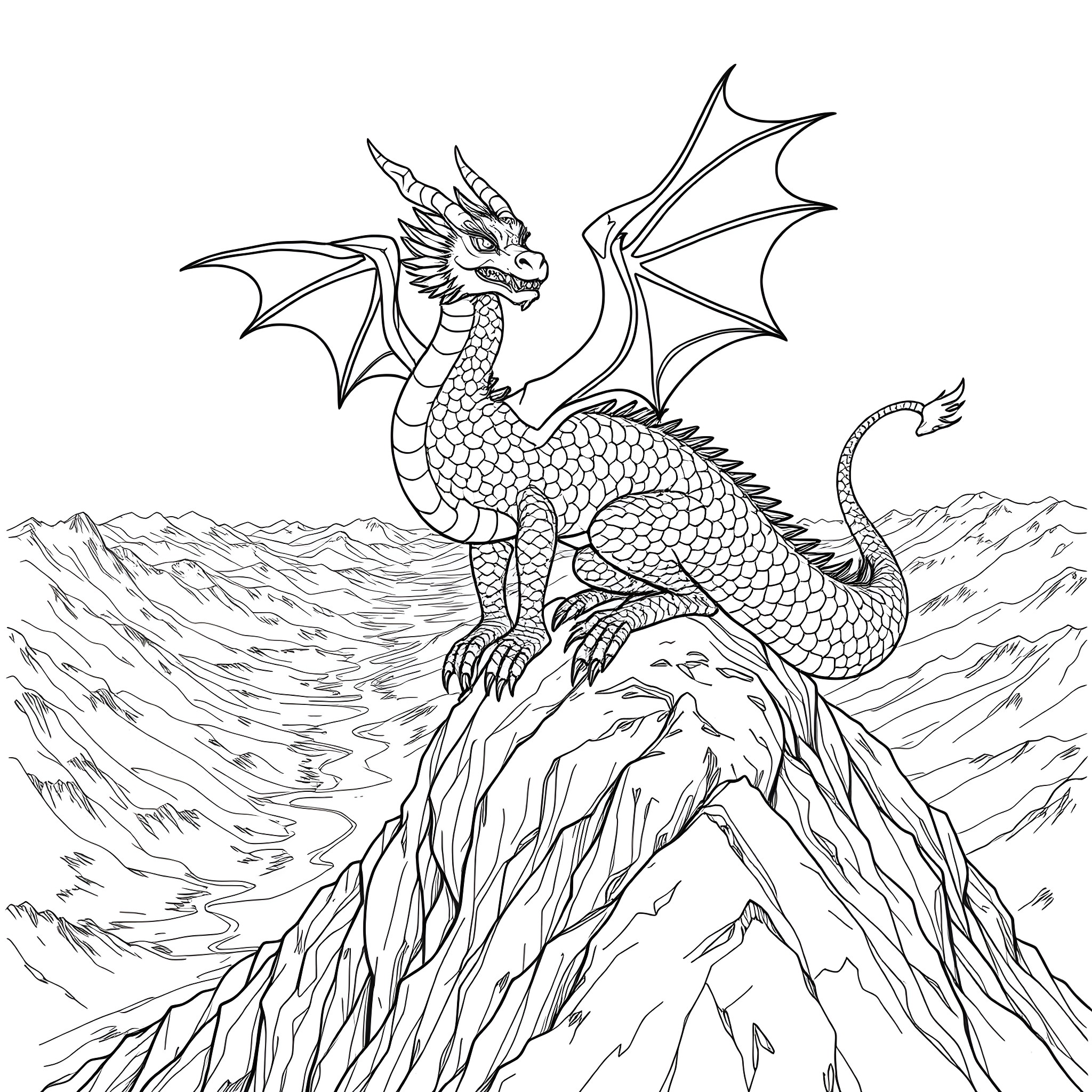 Dragon soaring above the majestic mountain range Coloring Page (free black-and-white line drawing printable PDF for all, from beginners to advanced learners, including children, teens, adults, and seniors)
