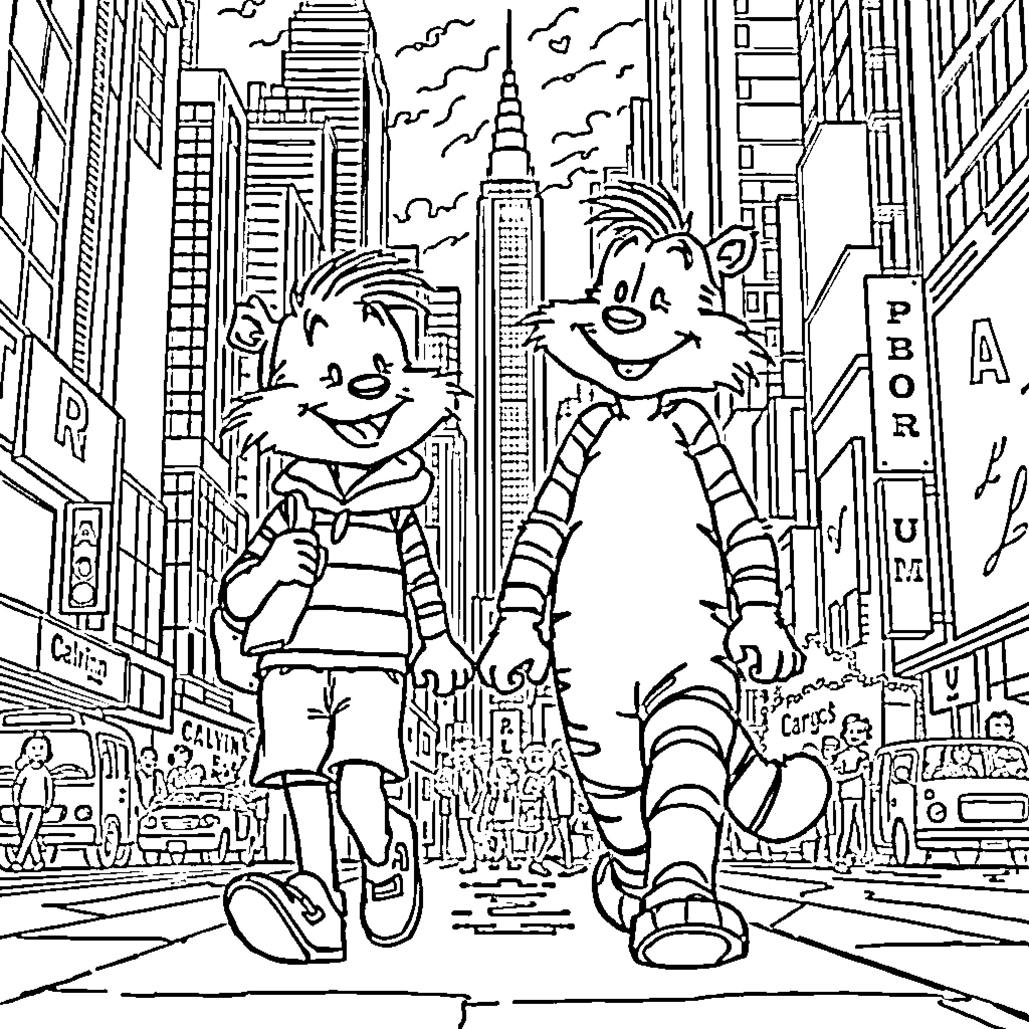 Calvin's Adventure in the City Coloring Page (free black-and-white line drawing printable PDF for all, from beginners to advanced learners, including children, teens, adults, and seniors)