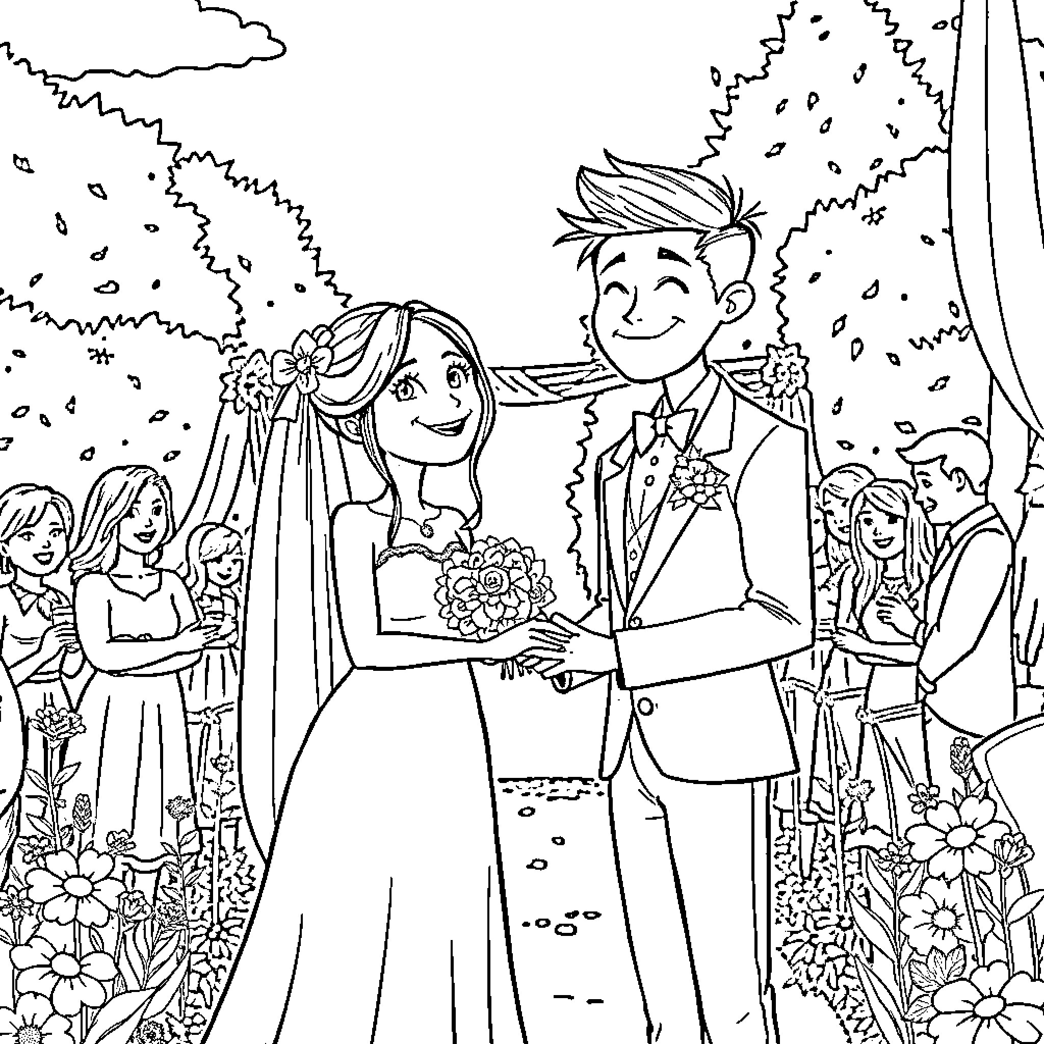 Coraline's Whimsical Wedding Day Coloring Page (free black-and-white line drawing printable PDF for all, from beginners to advanced learners, including children, teens, adults, and seniors)