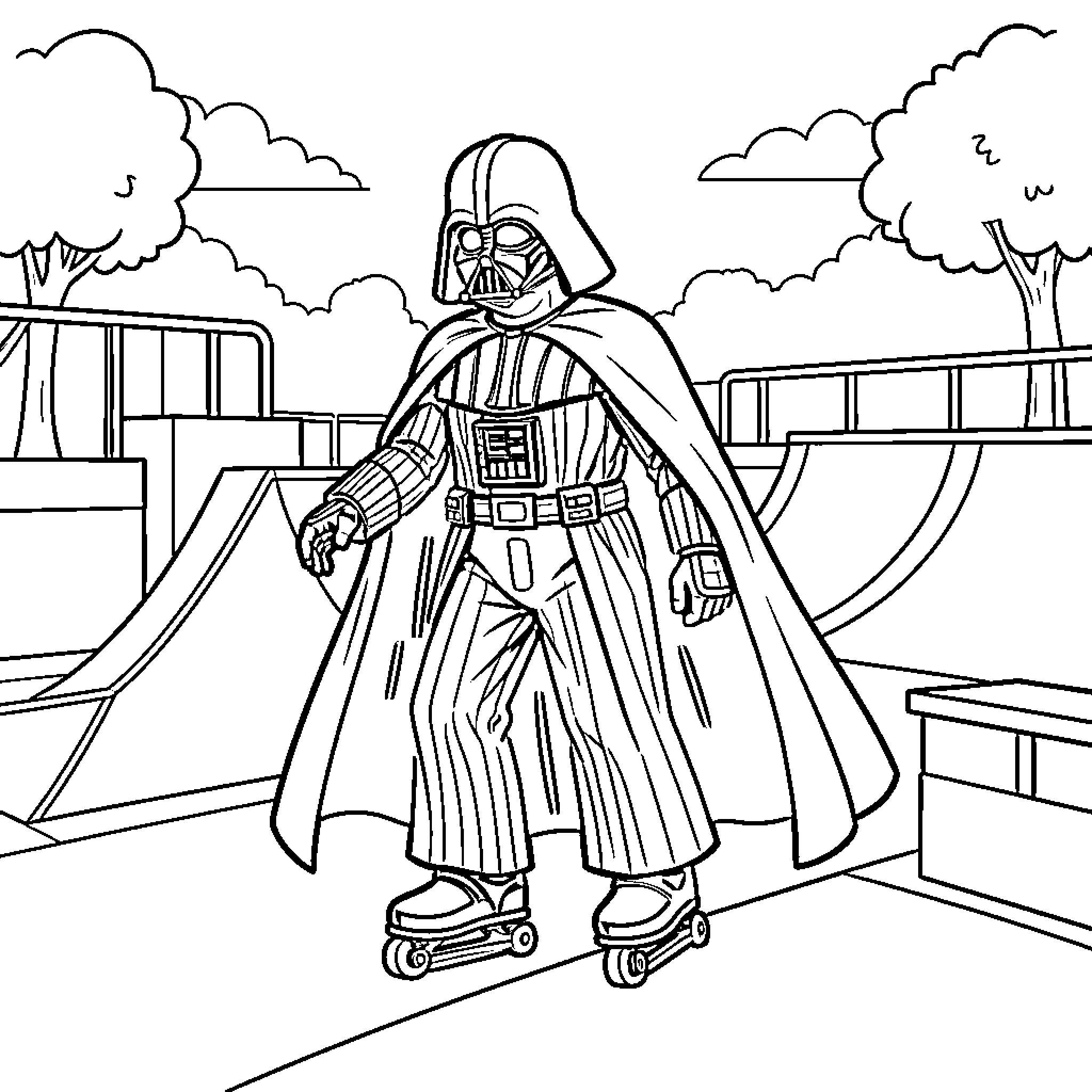 Darth Vader wearing roller skates at a skatepark Coloring Page (free black-and-white line drawing printable PDF for all, from beginners to advanced learners, including children, teens, adults, and seniors)