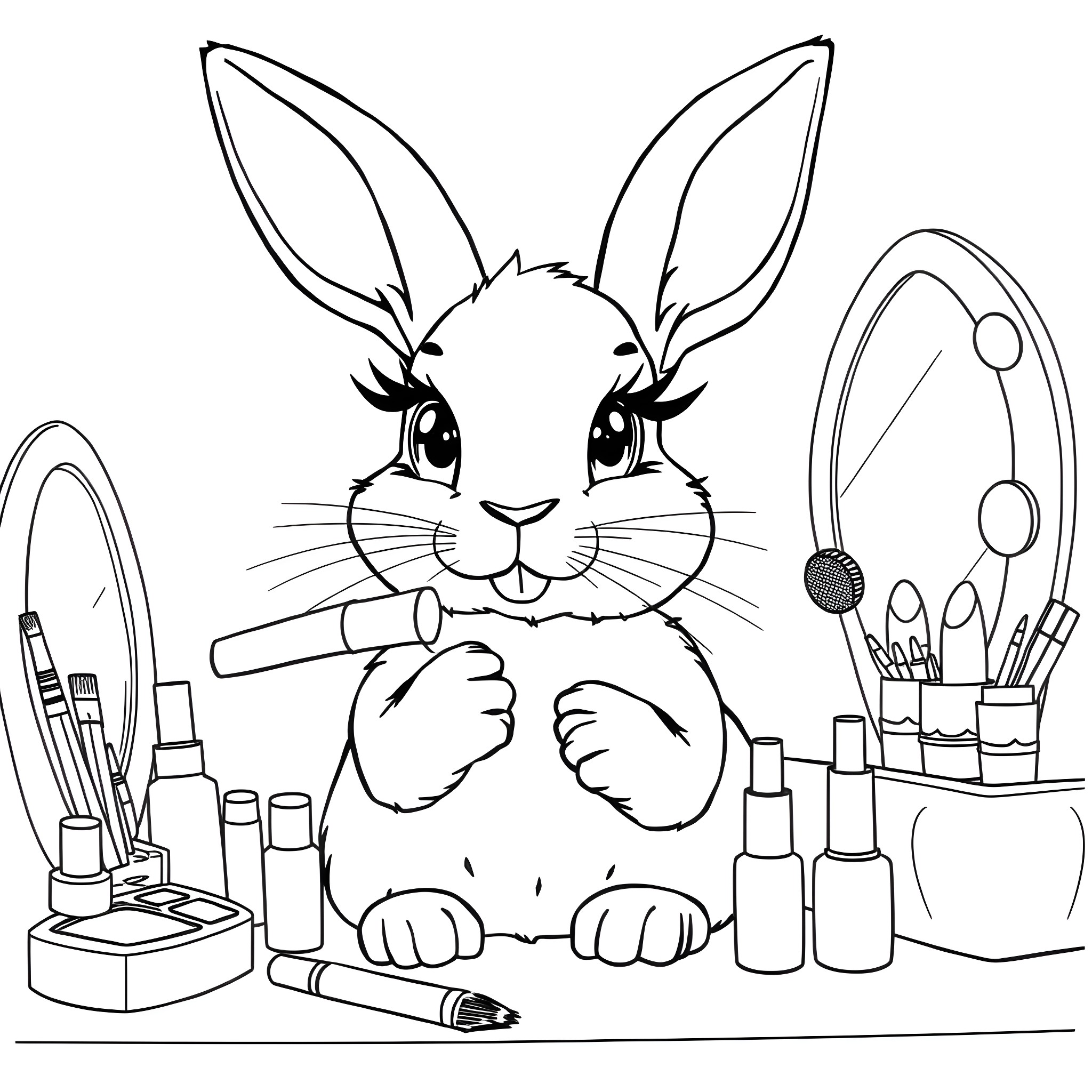 Rabbit surrounded by makeup and beauty accessories Coloring Page (free black-and-white line drawing printable PDF for all, from beginners to advanced learners, including children, teens, adults, and seniors)