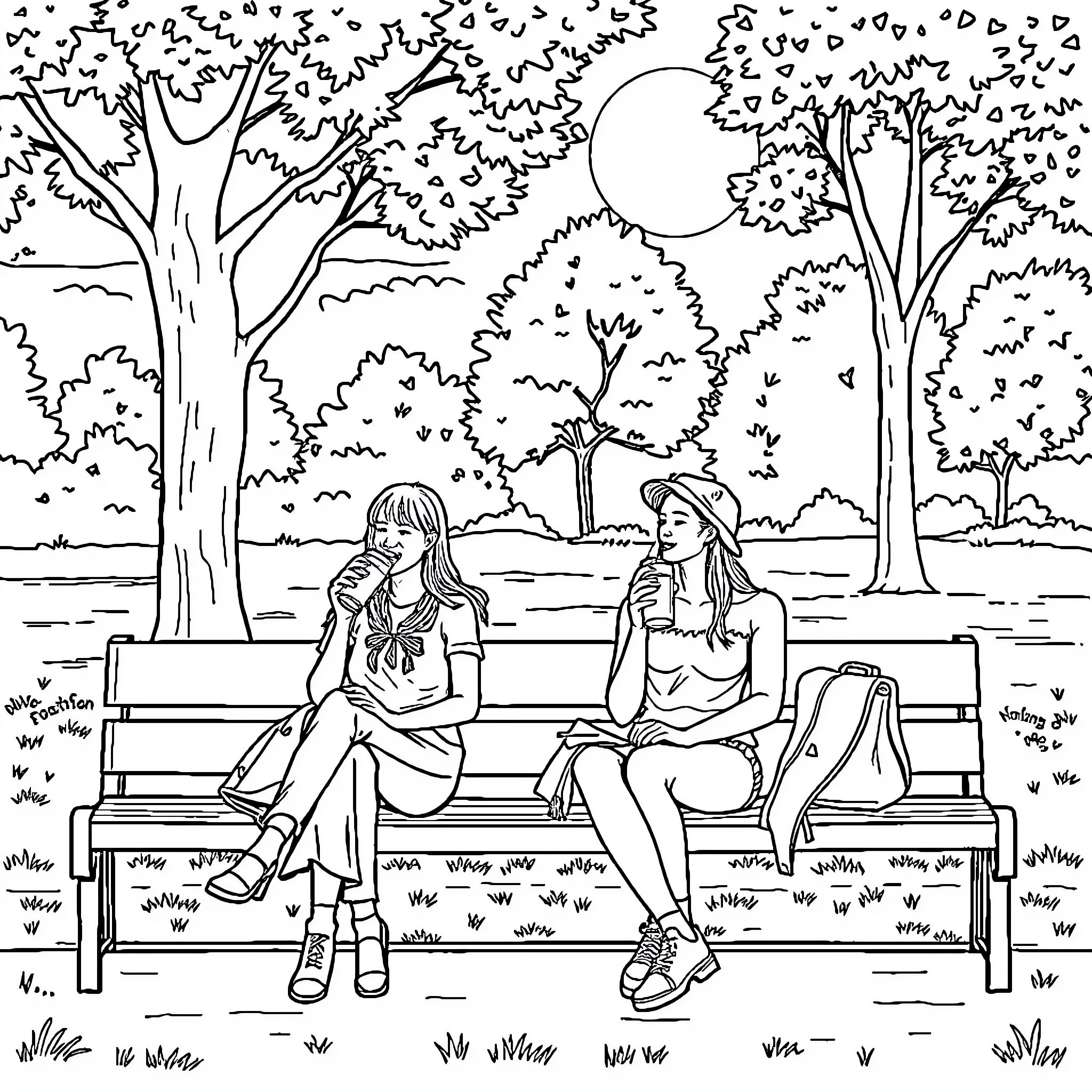 Person sitting on bench in peaceful park scene Coloring Page (free black-and-white line drawing printable PDF for all, from beginners to advanced learners, including children, teens, adults, and seniors)